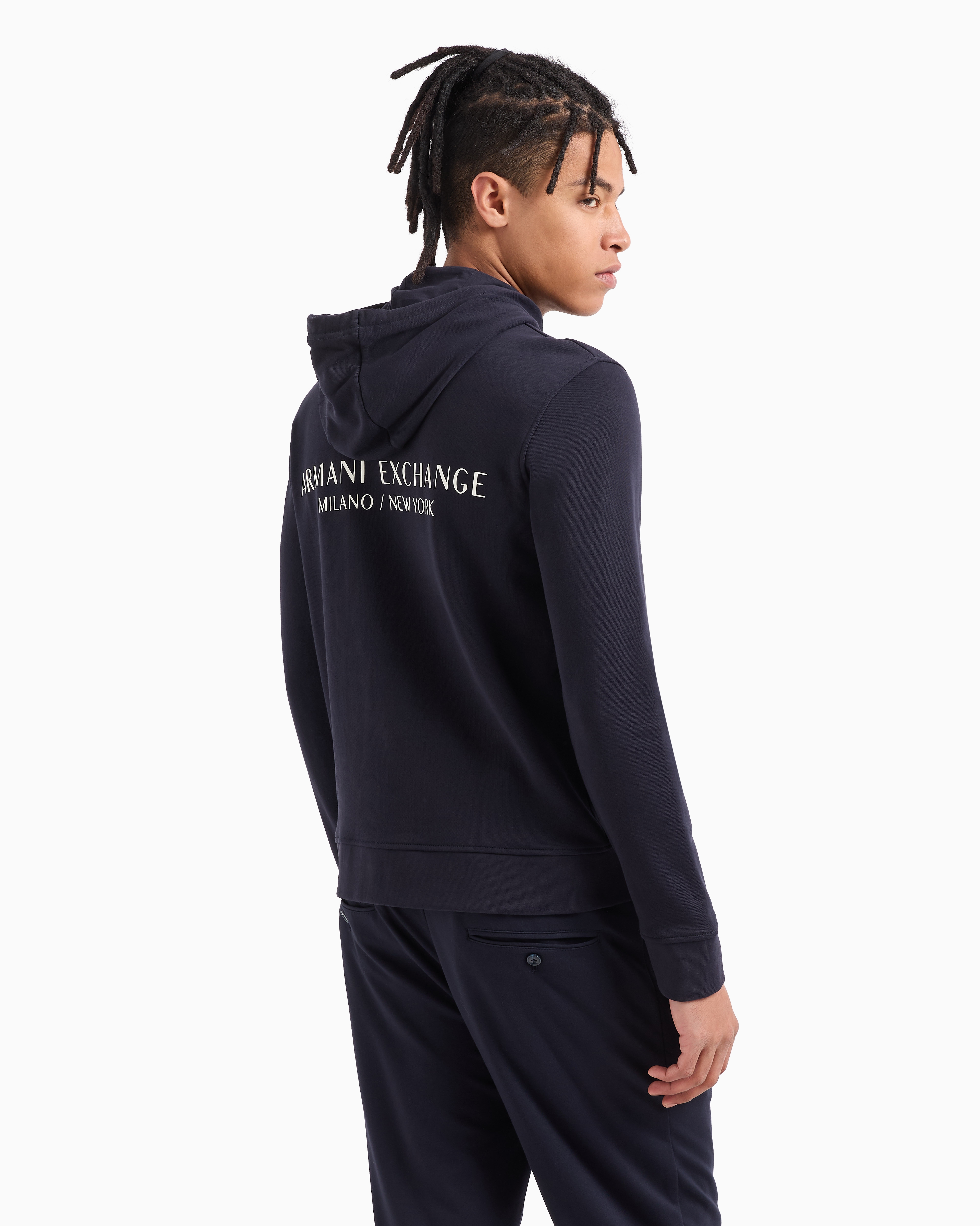 Armani Exchange Milano New York Graphic Cotton Hoodie In Navy Blue