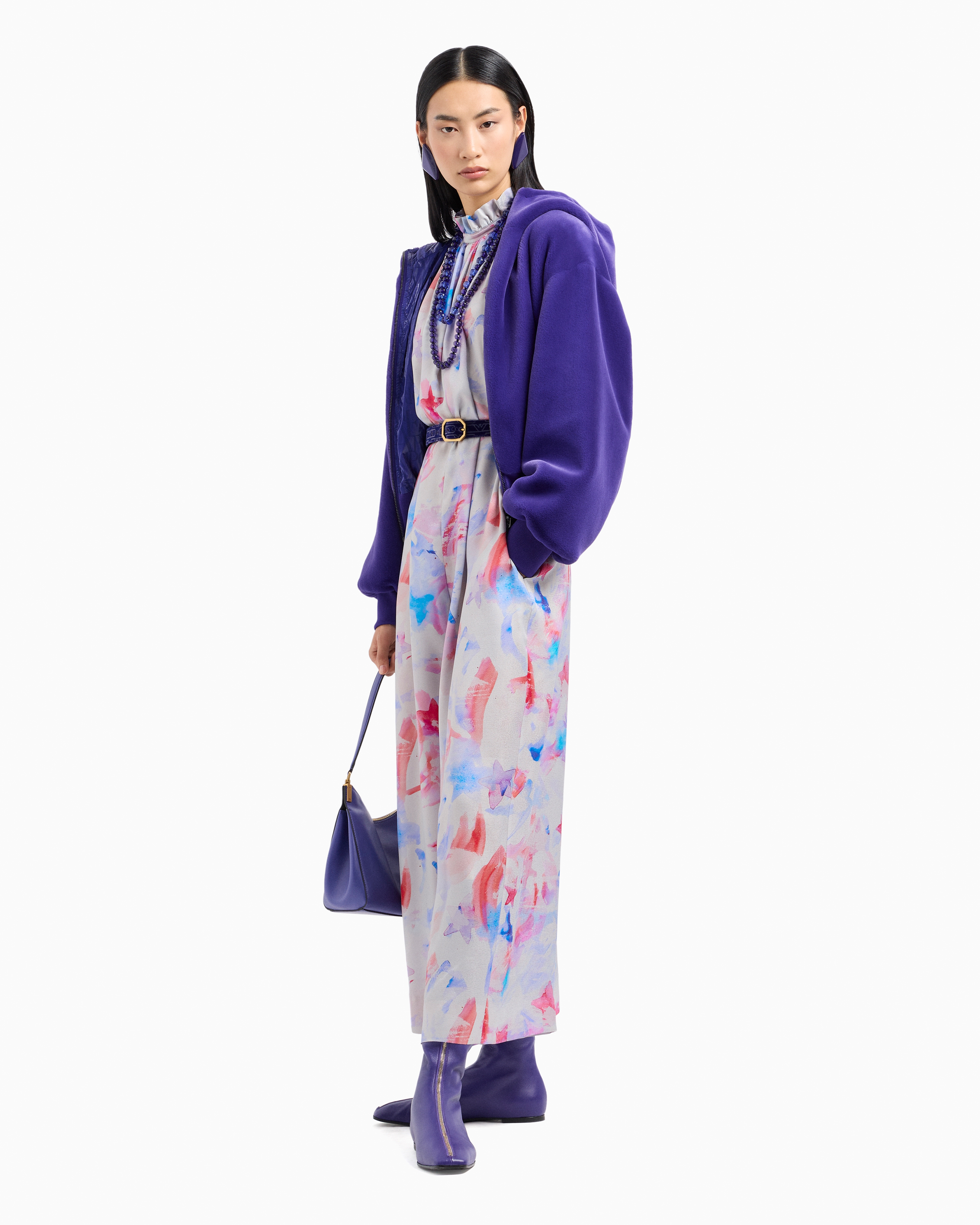 Emporio Armani Sleeveless Jumpsuit With A Belt In Satin Crêpe With A Fancy Watercolour-effect Print In Fantaisie