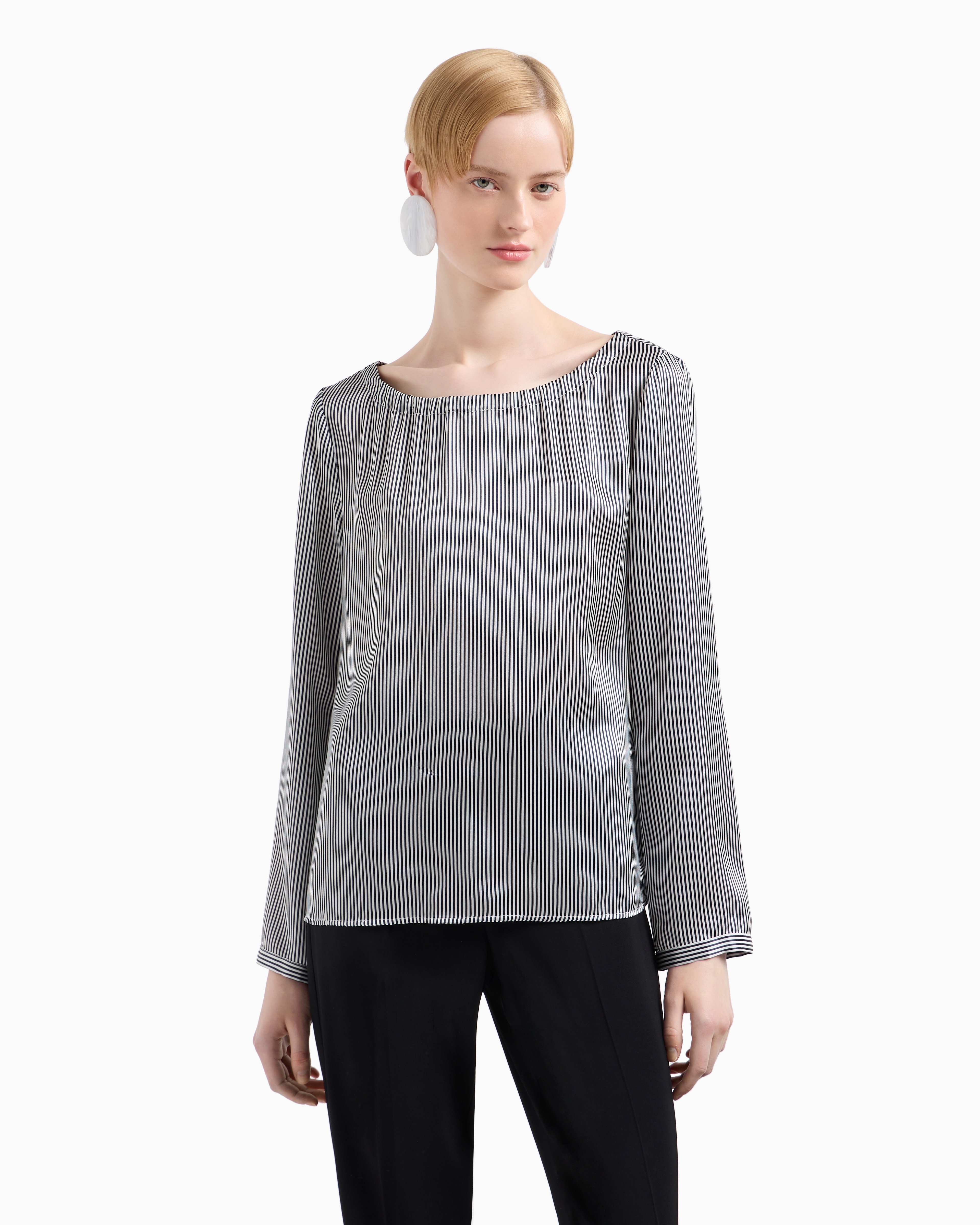 Shop Emporio Armani Silk Satin Blouse With All-over Fine-striped Print In Bianco E Nero