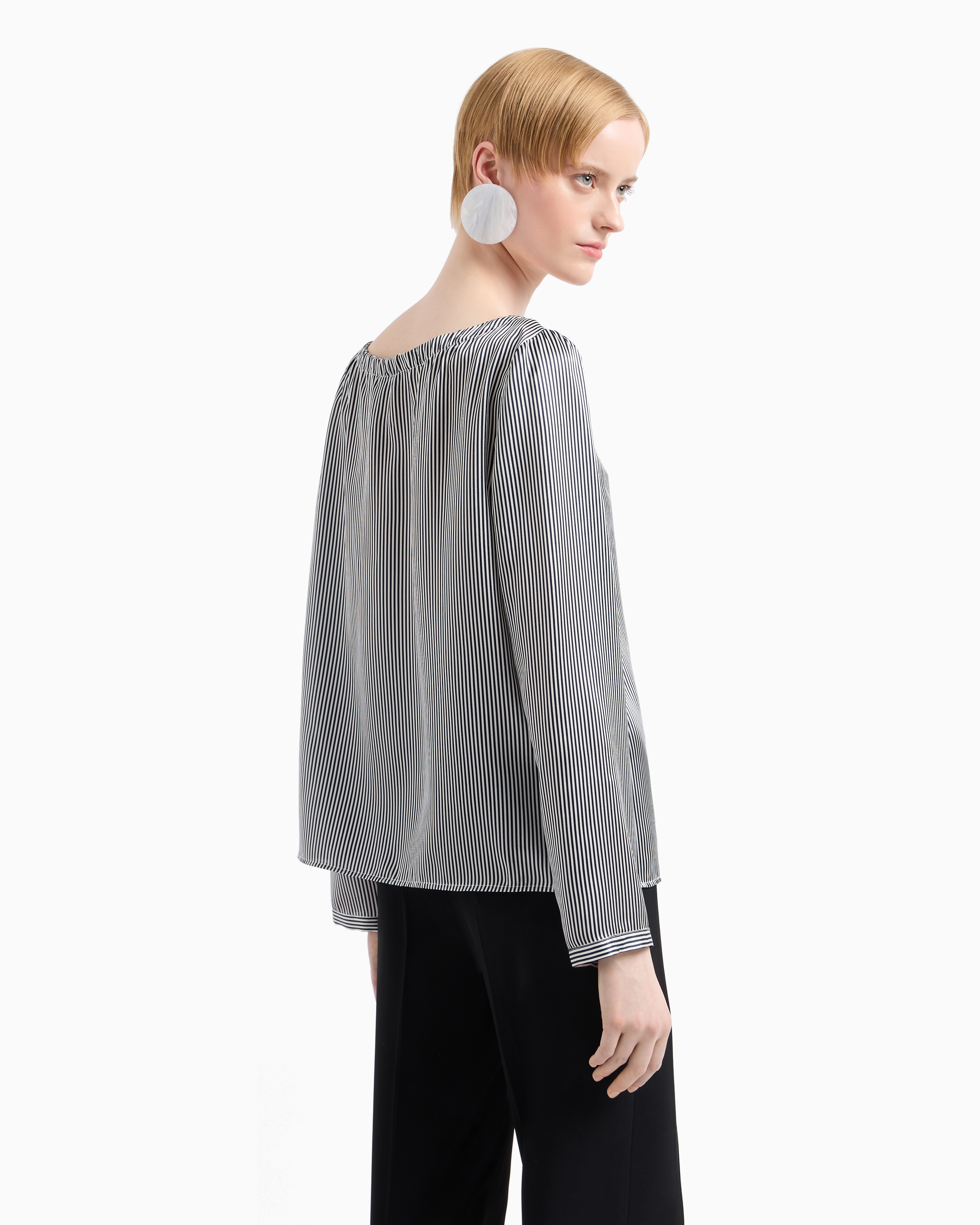 Shop Emporio Armani Silk Satin Blouse With All-over Fine-striped Print In Bianco E Nero