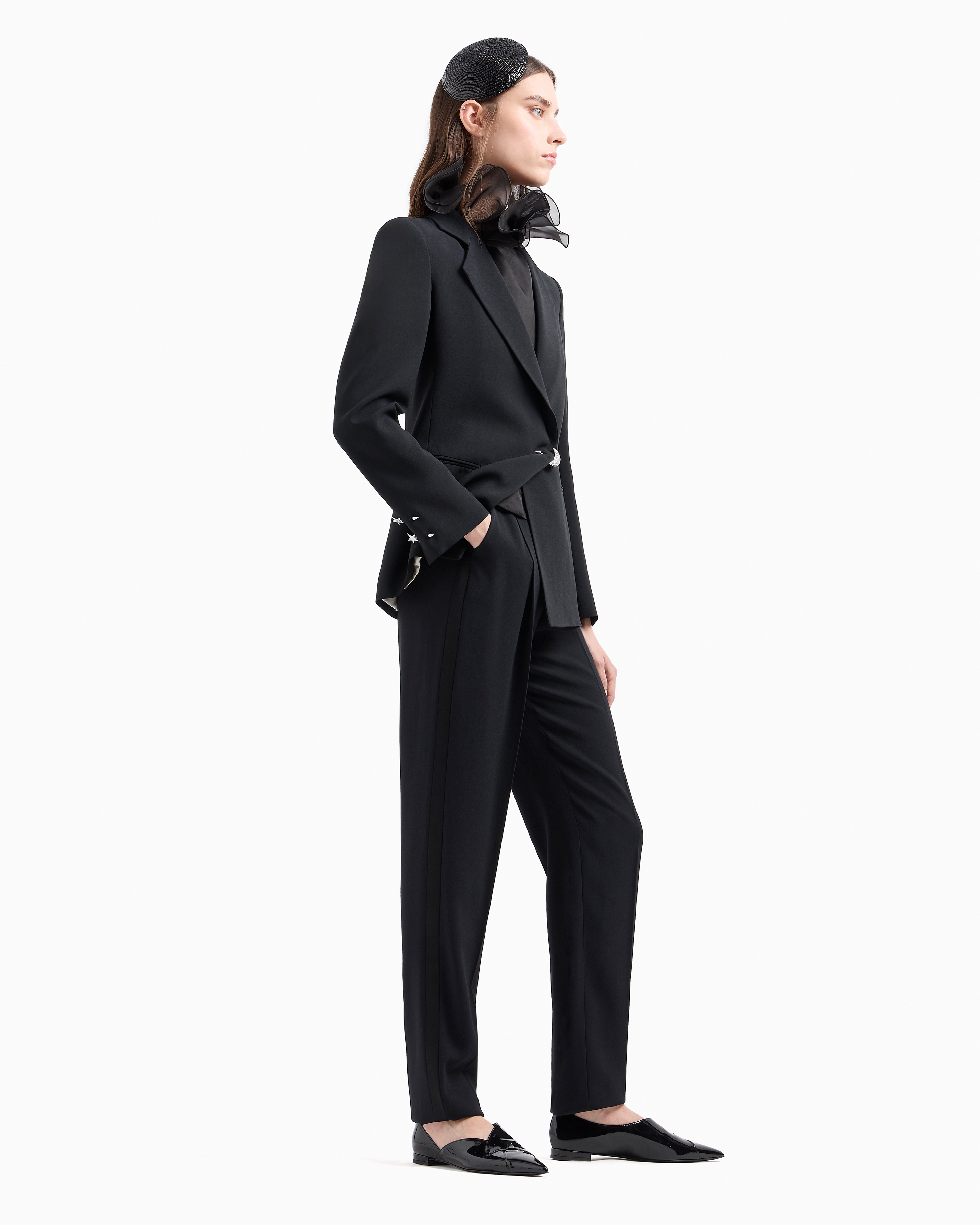 Emporio Armani Official Store Moon Capsule Collection Silk Organza Blouse With Petal Collar And Ruffles In Black