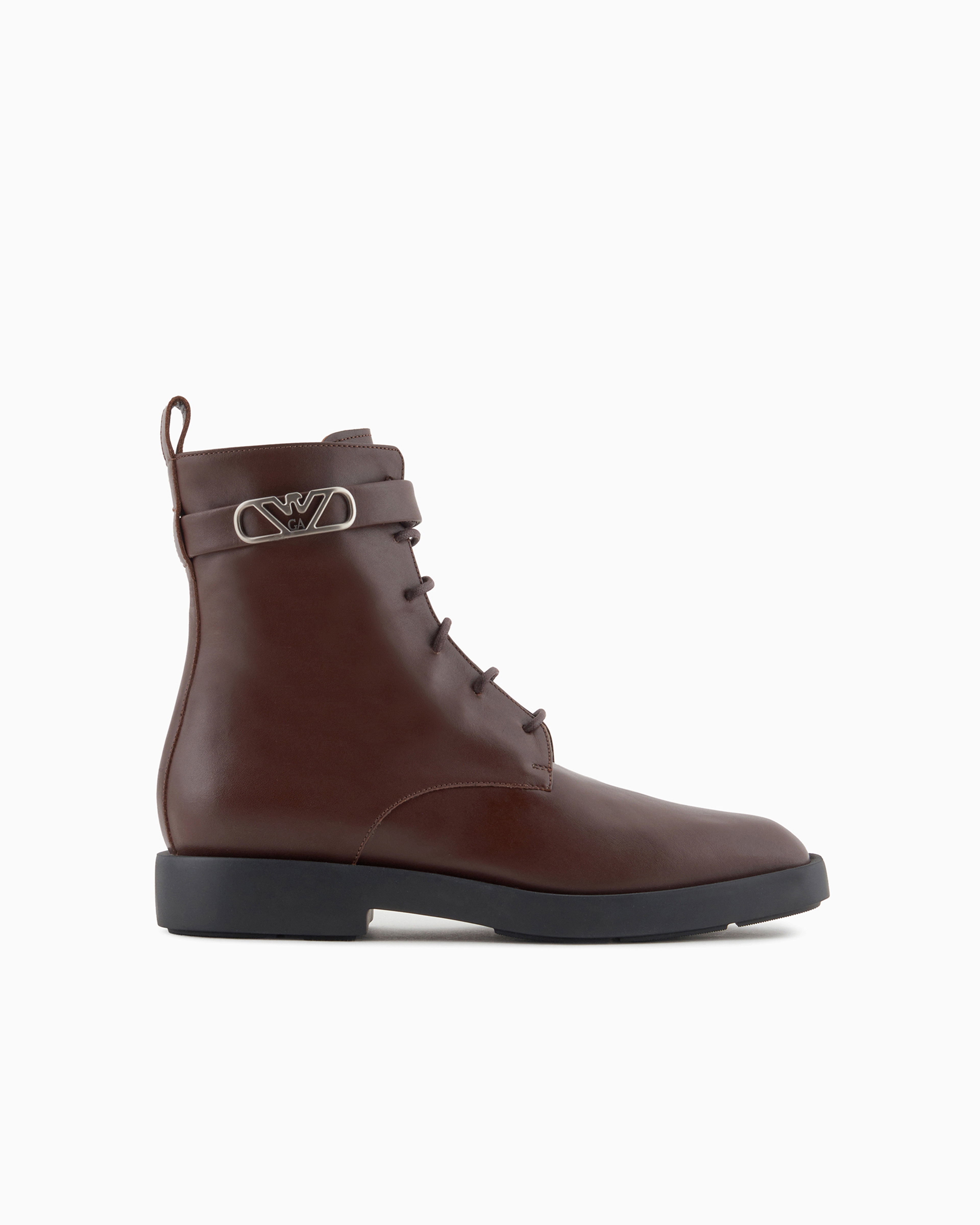 Emporio Armani Official Store Leather Lace-up Ankle Boots With Icon Logo Strap In Brown