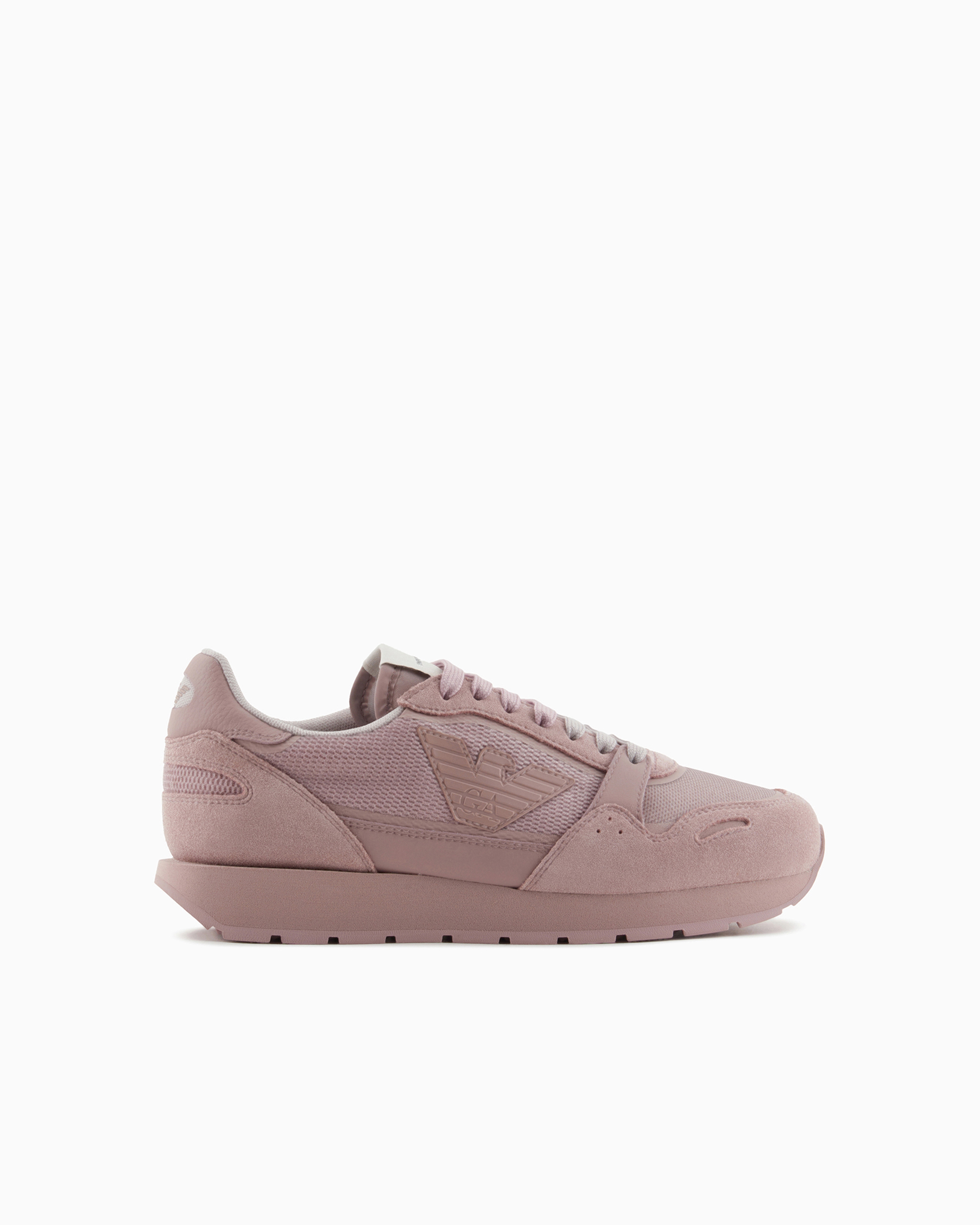 Shop Emporio Armani Mesh Sneakers With Suede Details And Eagle Patch In Antique Rose