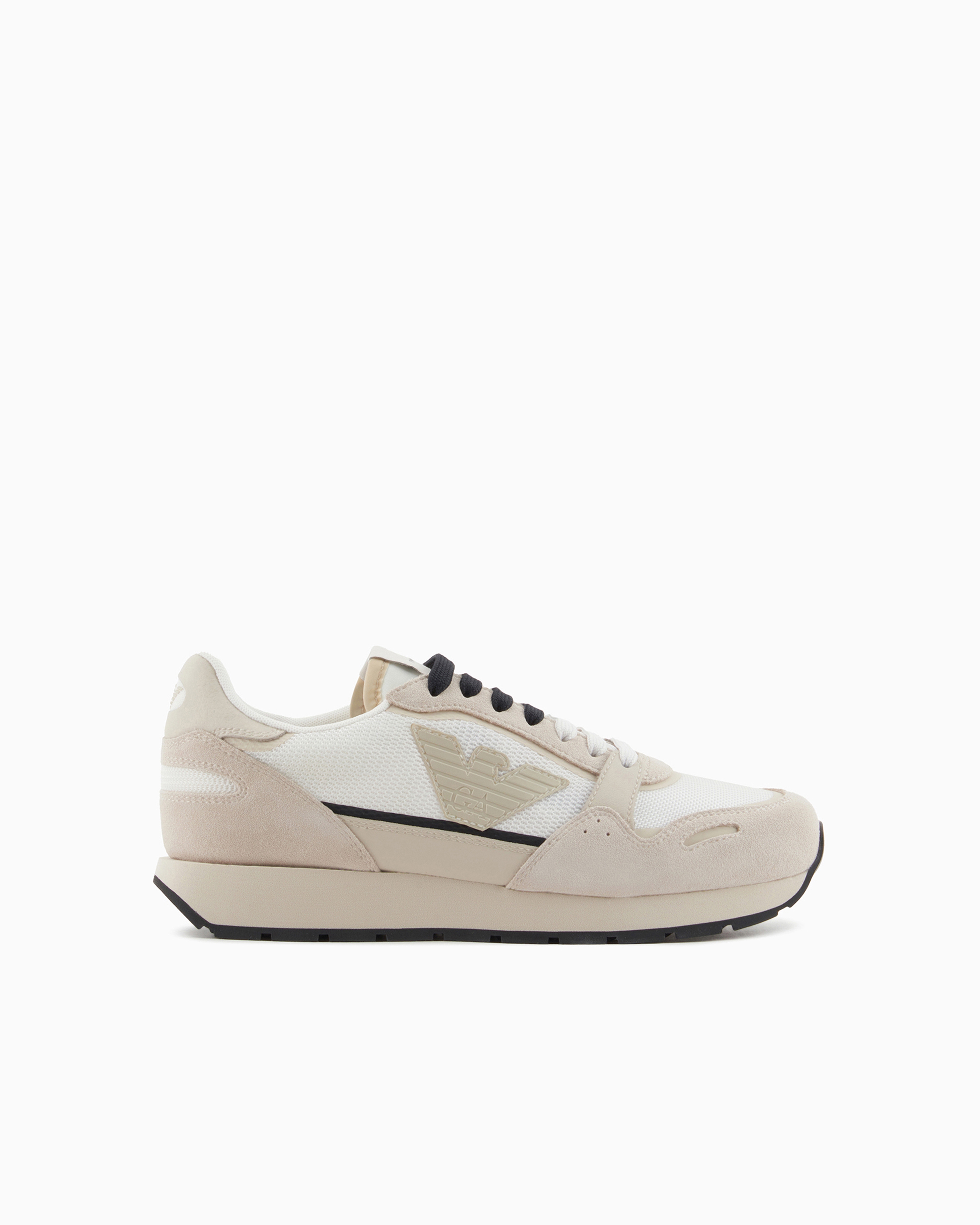 Shop Emporio Armani Mesh Sneakers With Suede Details And Eagle Patch In Beige