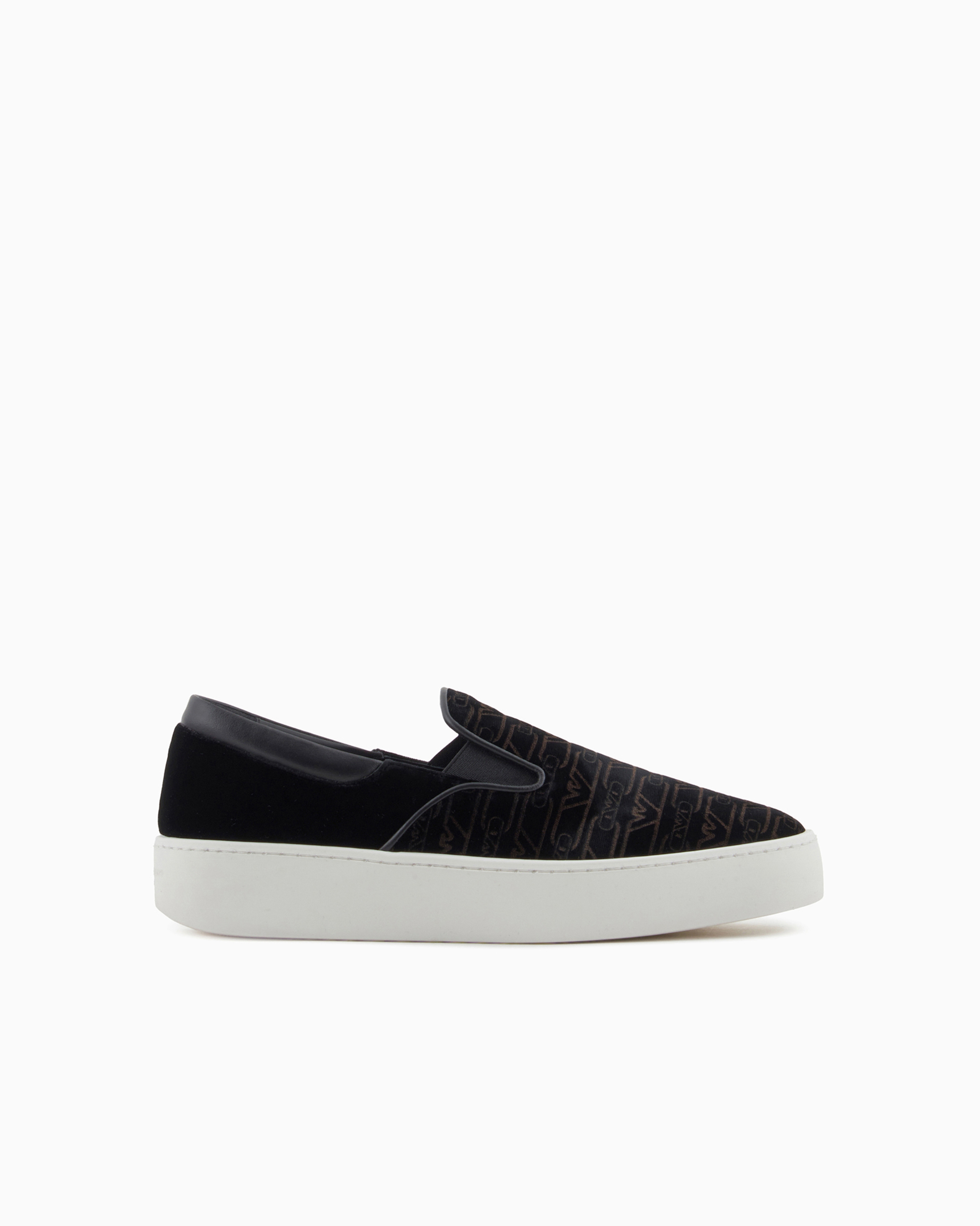 Emporio Armani Official Store Monogram Velvet Slip-ons In Black Logo