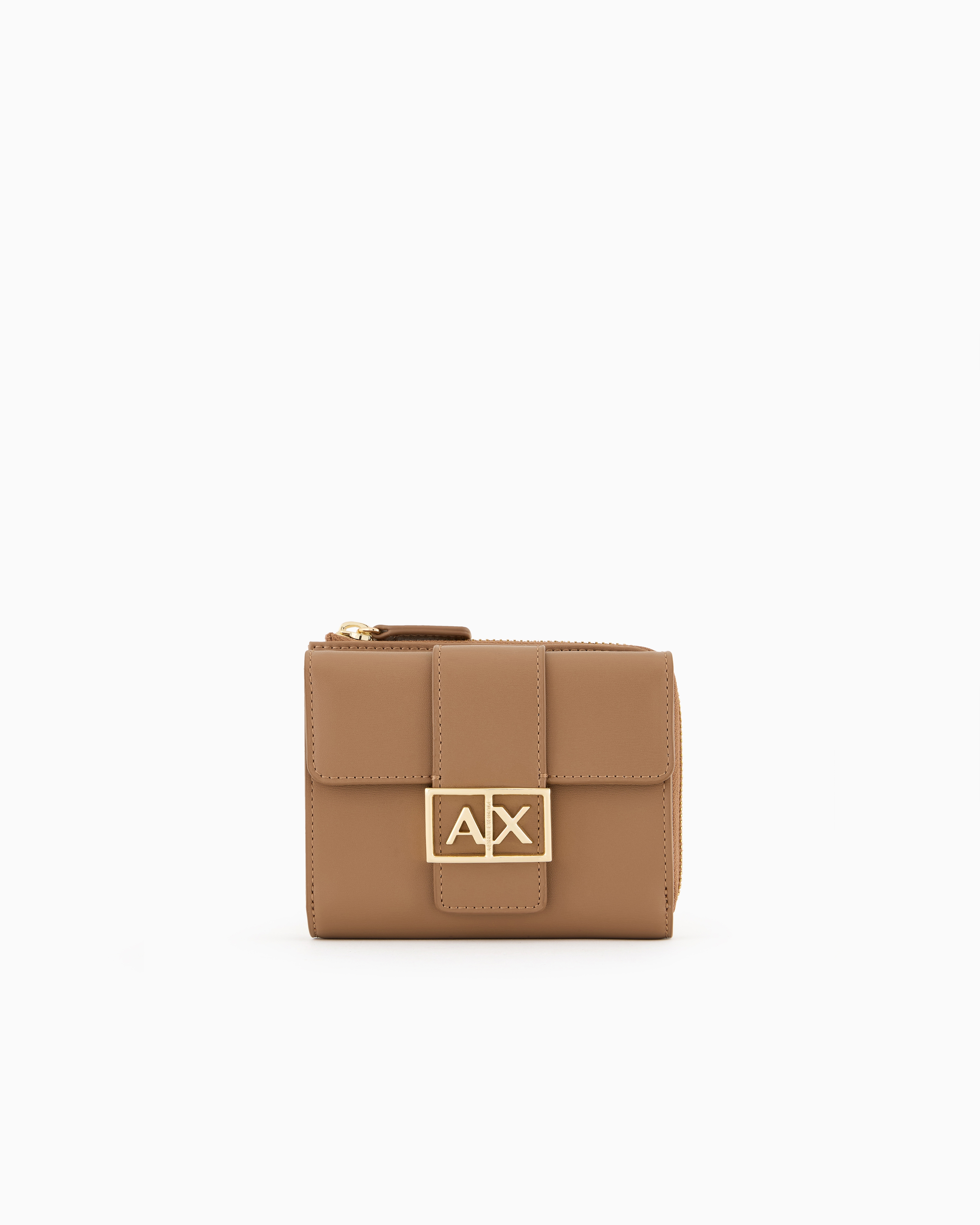 Armani Exchange Official Store Gold Monogram Logo Card Holder In Beige