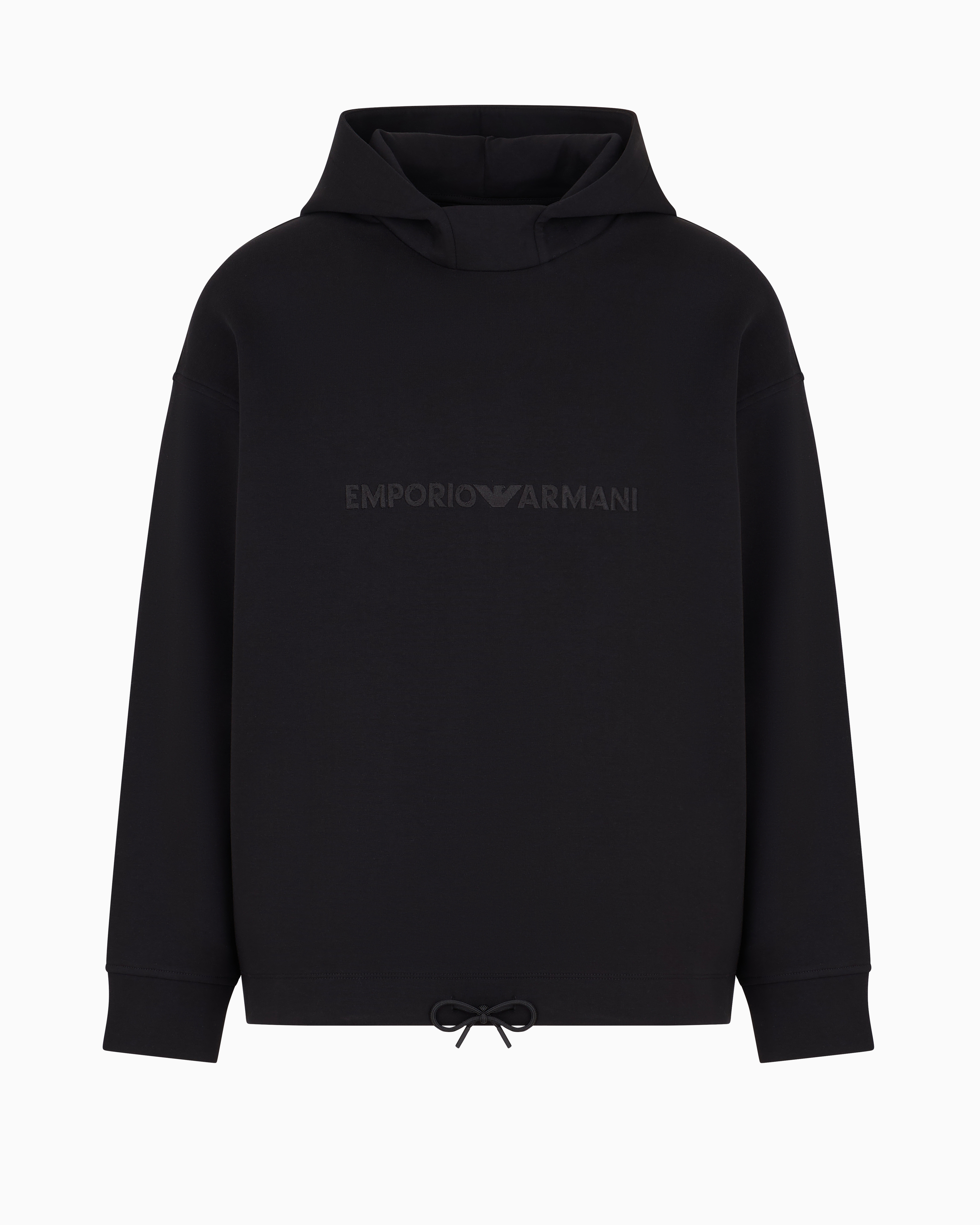 Emporio Armani Official Store Double-jersey Hooded Sweatshirt With Embossed Logo Embroidery In Black