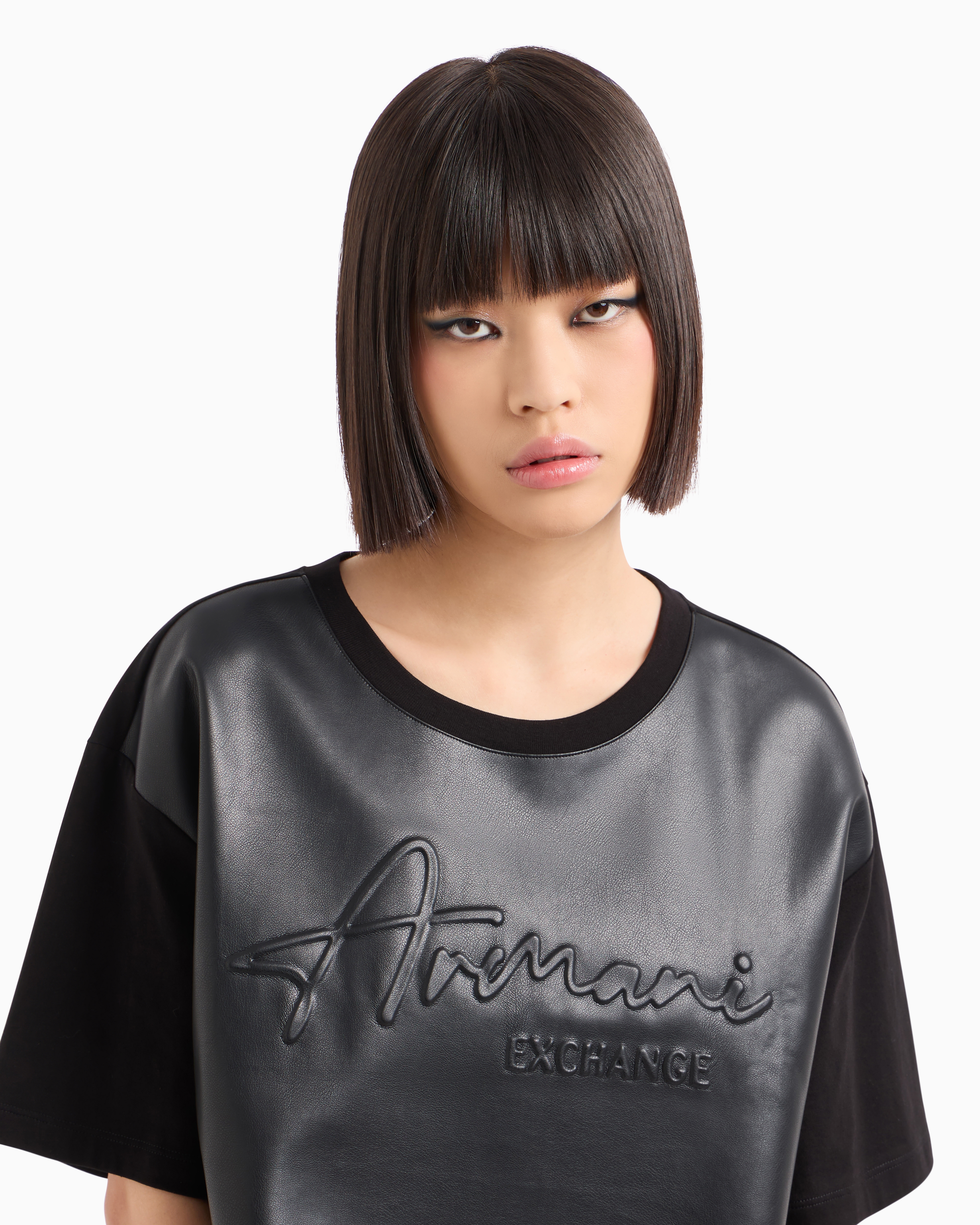 ARMANI EXCHANGE CROPPED FIT T-SHIRT WITH ASV FABRIC EMBOSSED LOGO 