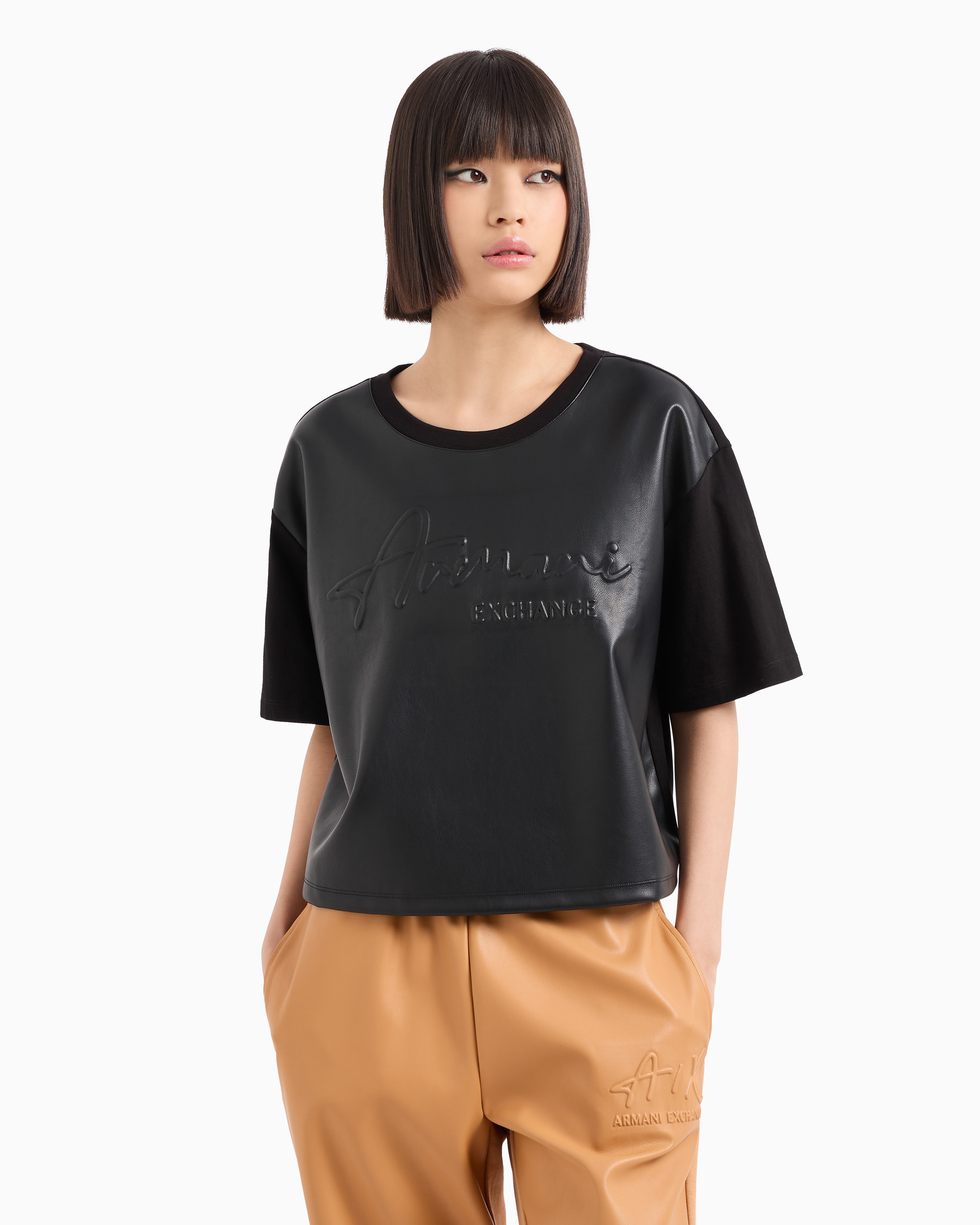 ARMANI EXCHANGE CROPPED FIT T-SHIRT WITH ASV FABRIC EMBOSSED LOGO 