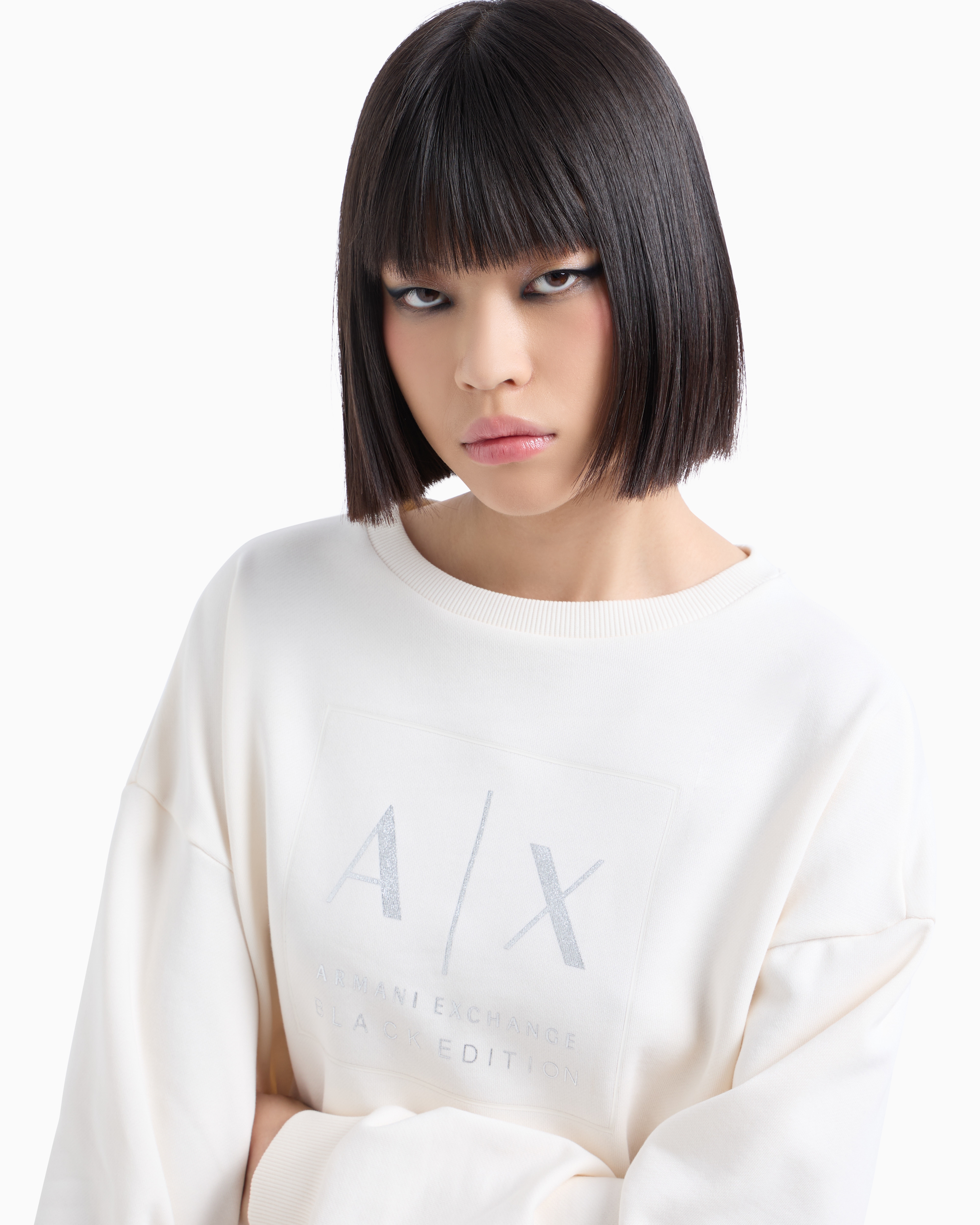 Shop Armani Exchange Crewneck Sweatshirt With Logo Print And Metal Details In White