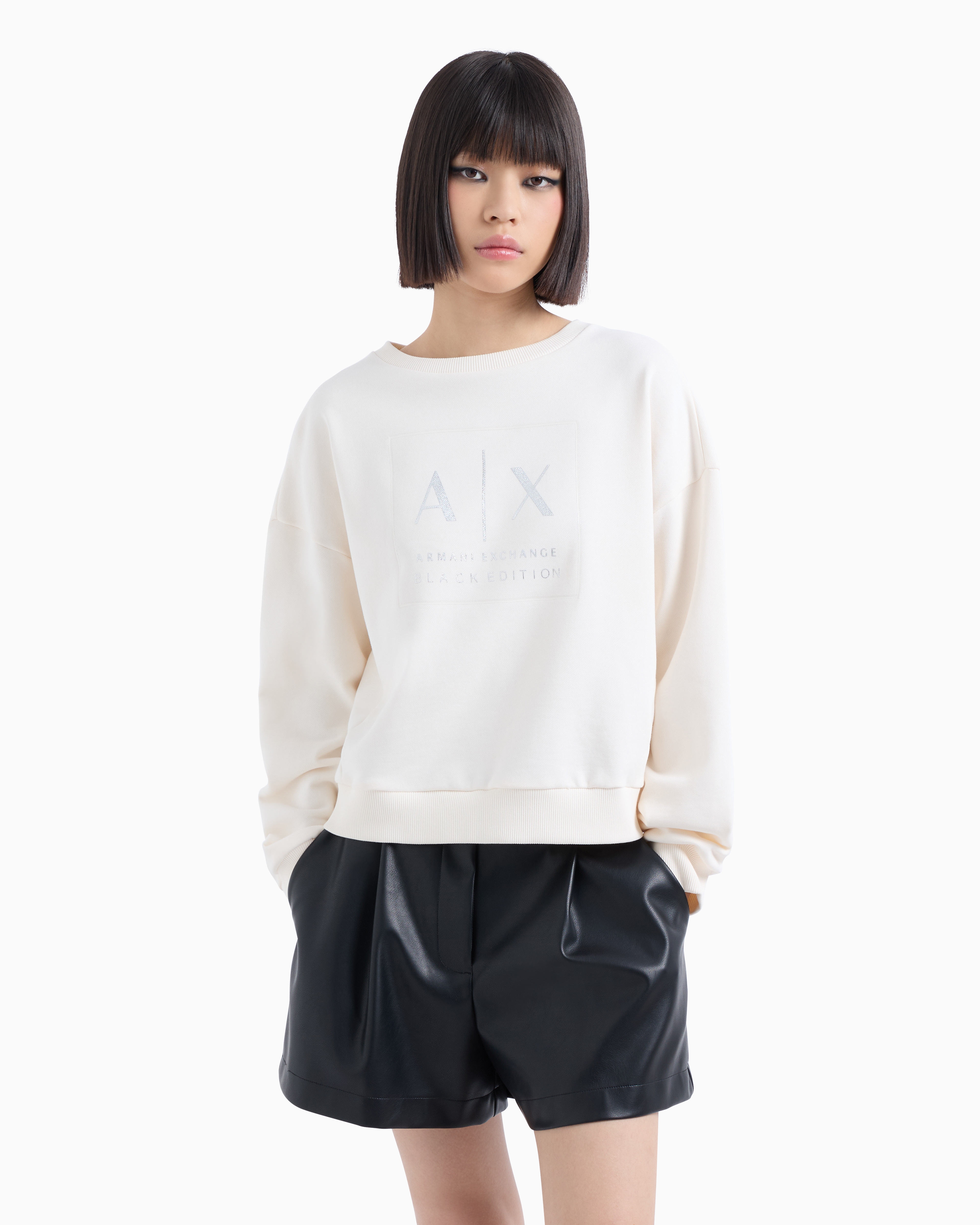 Shop Armani Exchange Crewneck Sweatshirt With Logo Print And Metal Details In White