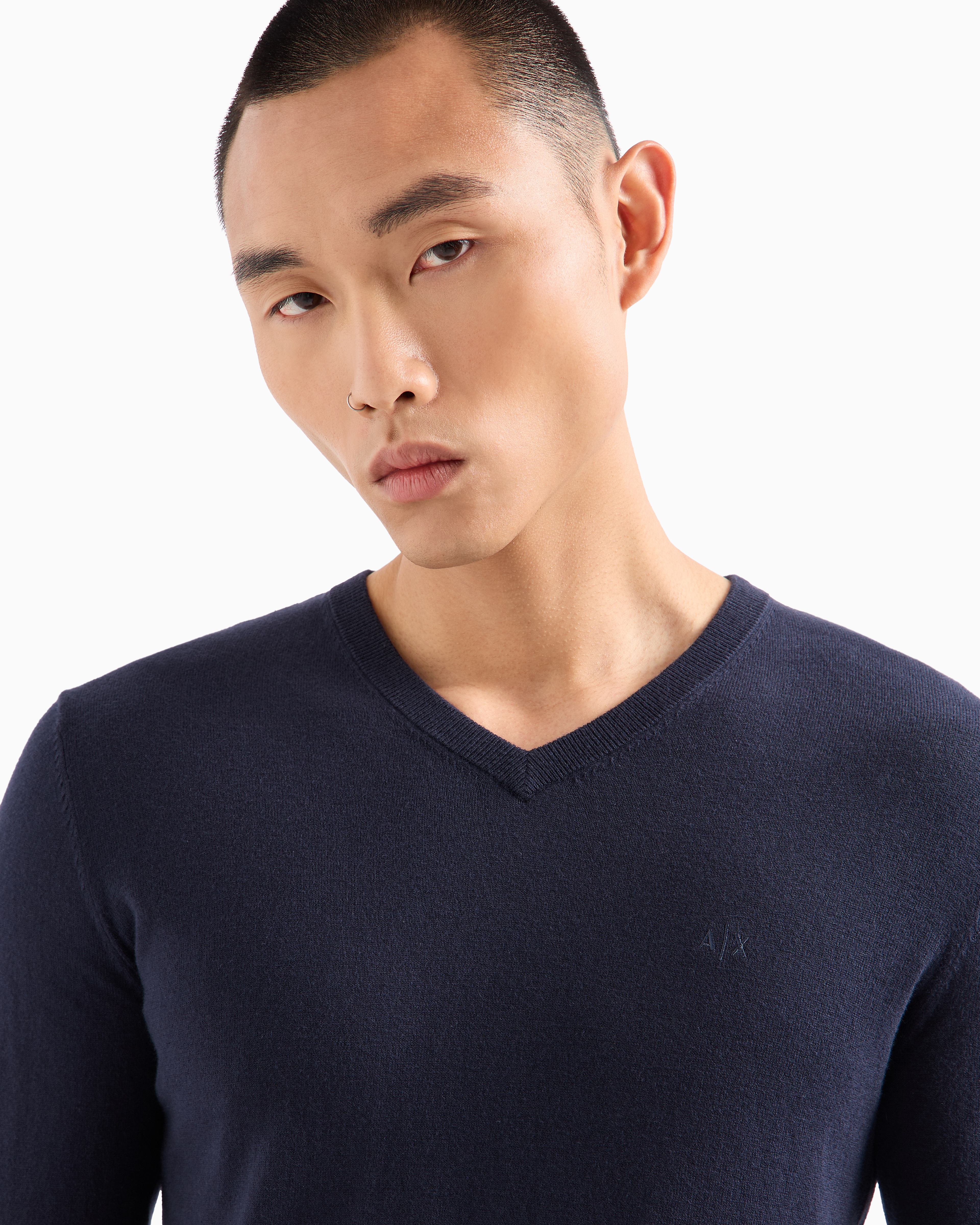 Shop Armani Exchange Asv Cotton V-neck Sweater In Navy Blue