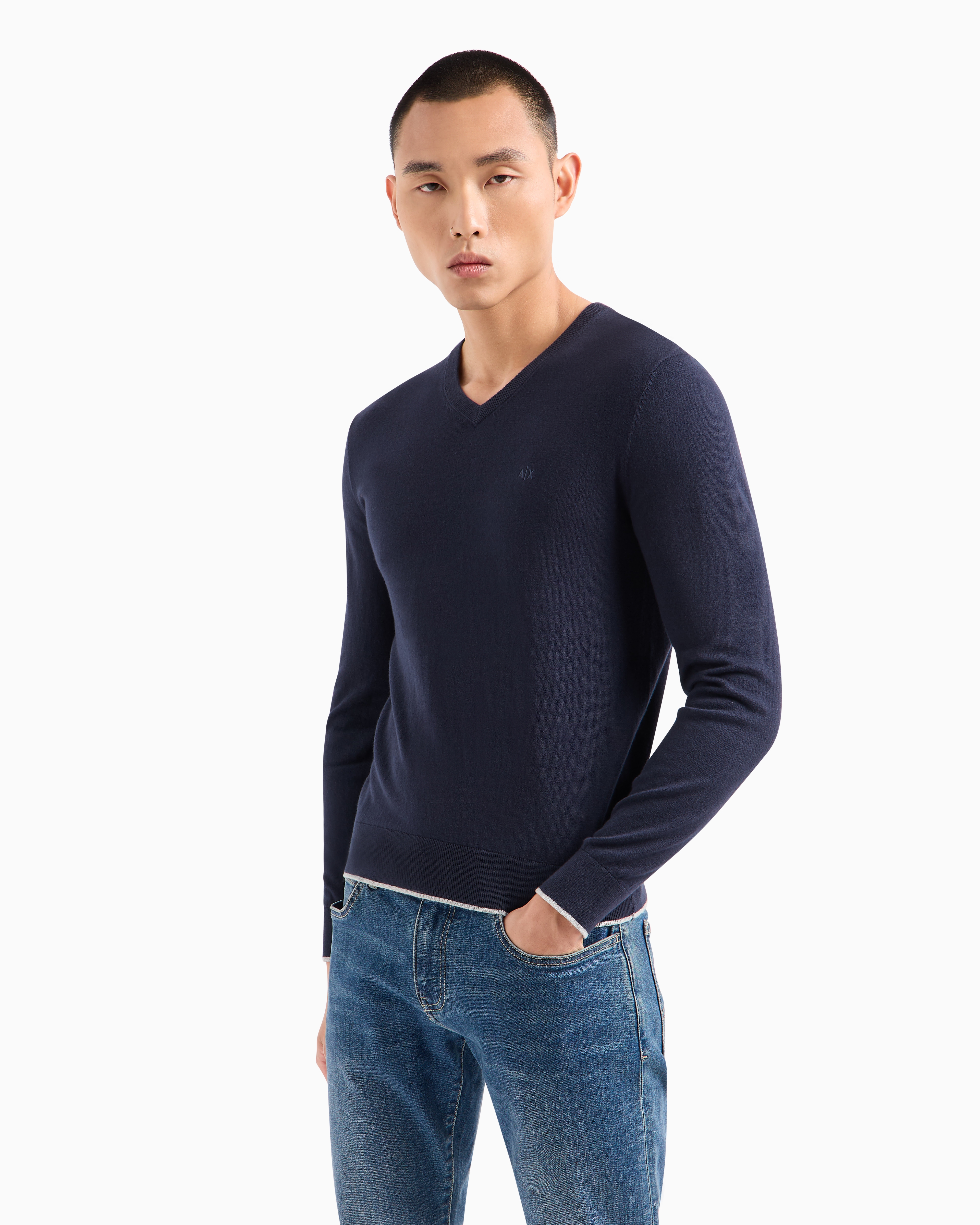 Shop Armani Exchange Asv Cotton V-neck Sweater In Navy Blue