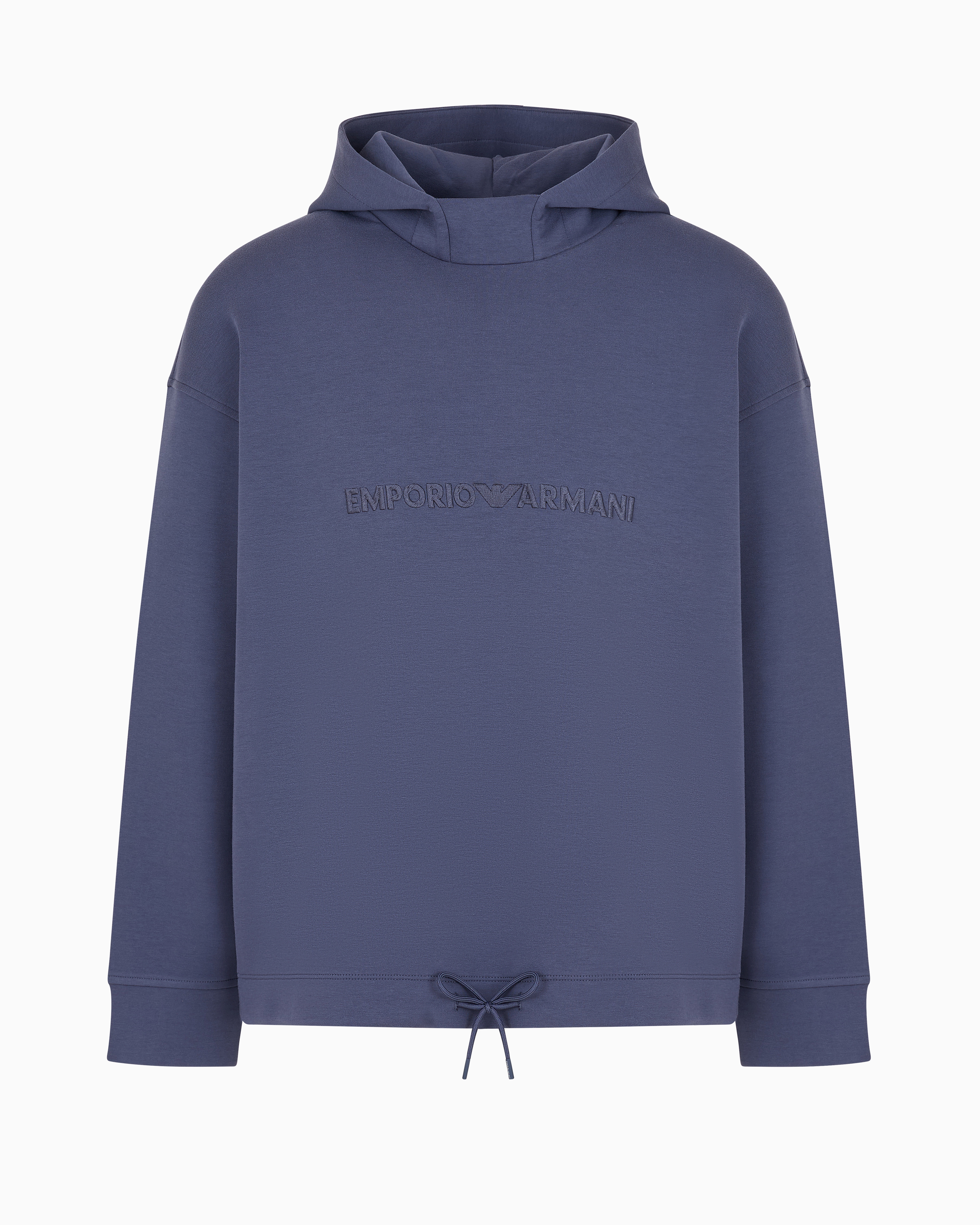 Emporio Armani Official Store Double-jersey Hooded Sweatshirt With Embossed Logo Embroidery In Blue