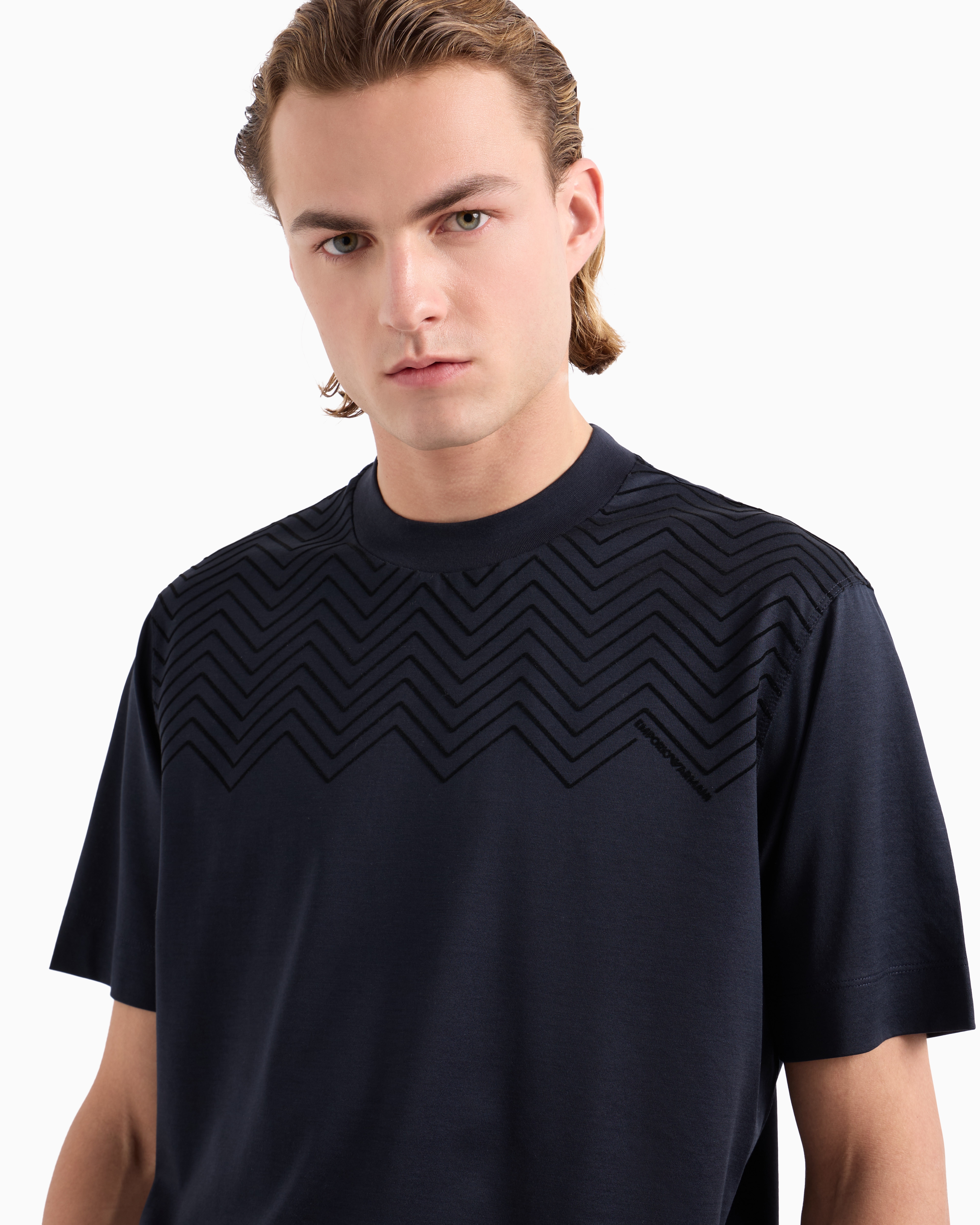 Emporio Armani Official Store Asv Lyocell-blend Jersey T-shirt With Chevron Flock Detail In Navy Blue