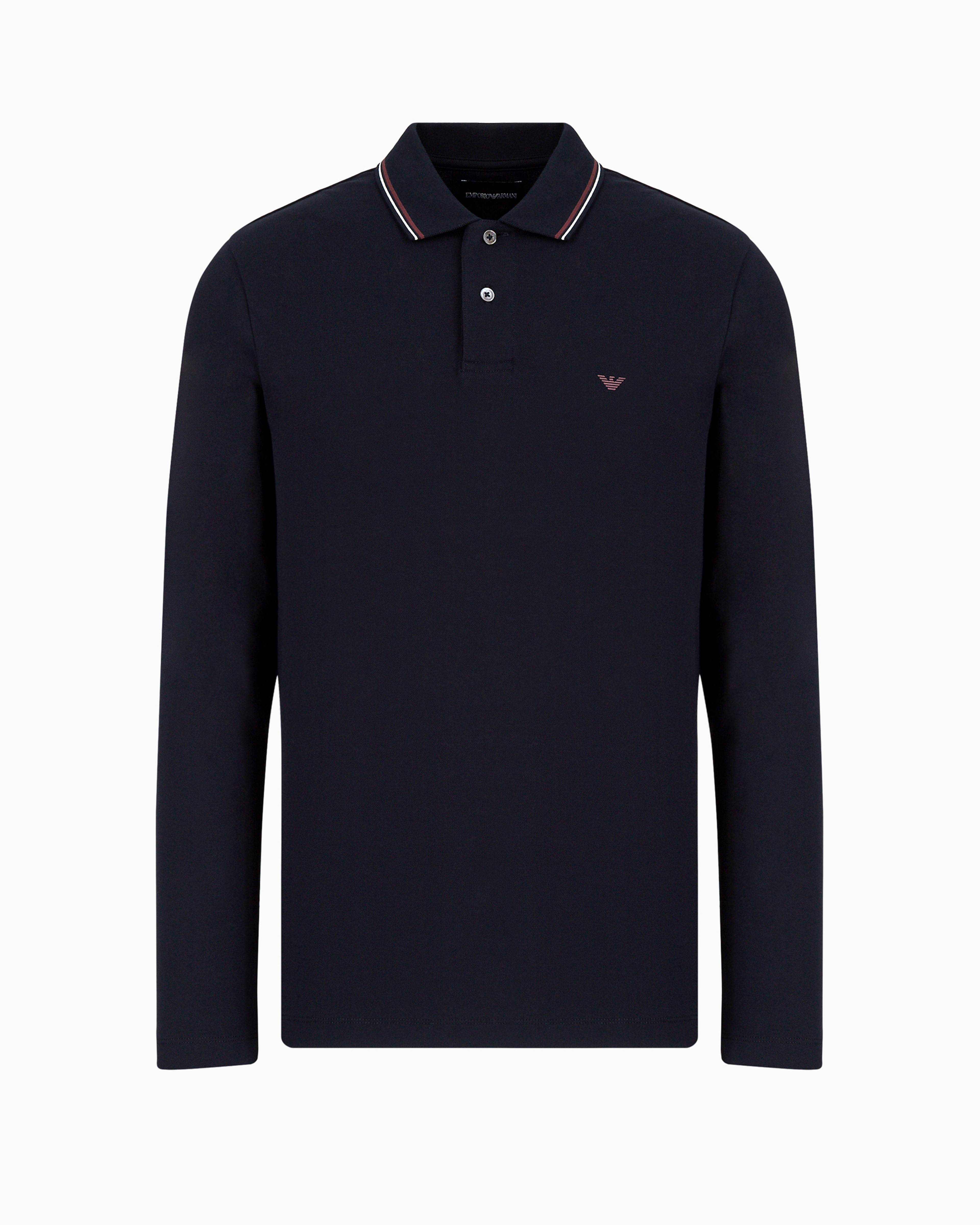 Emporio Armani Blue Long Sleeve Polo Shirt With Logo Embroidery In Stretch Cotton In Black