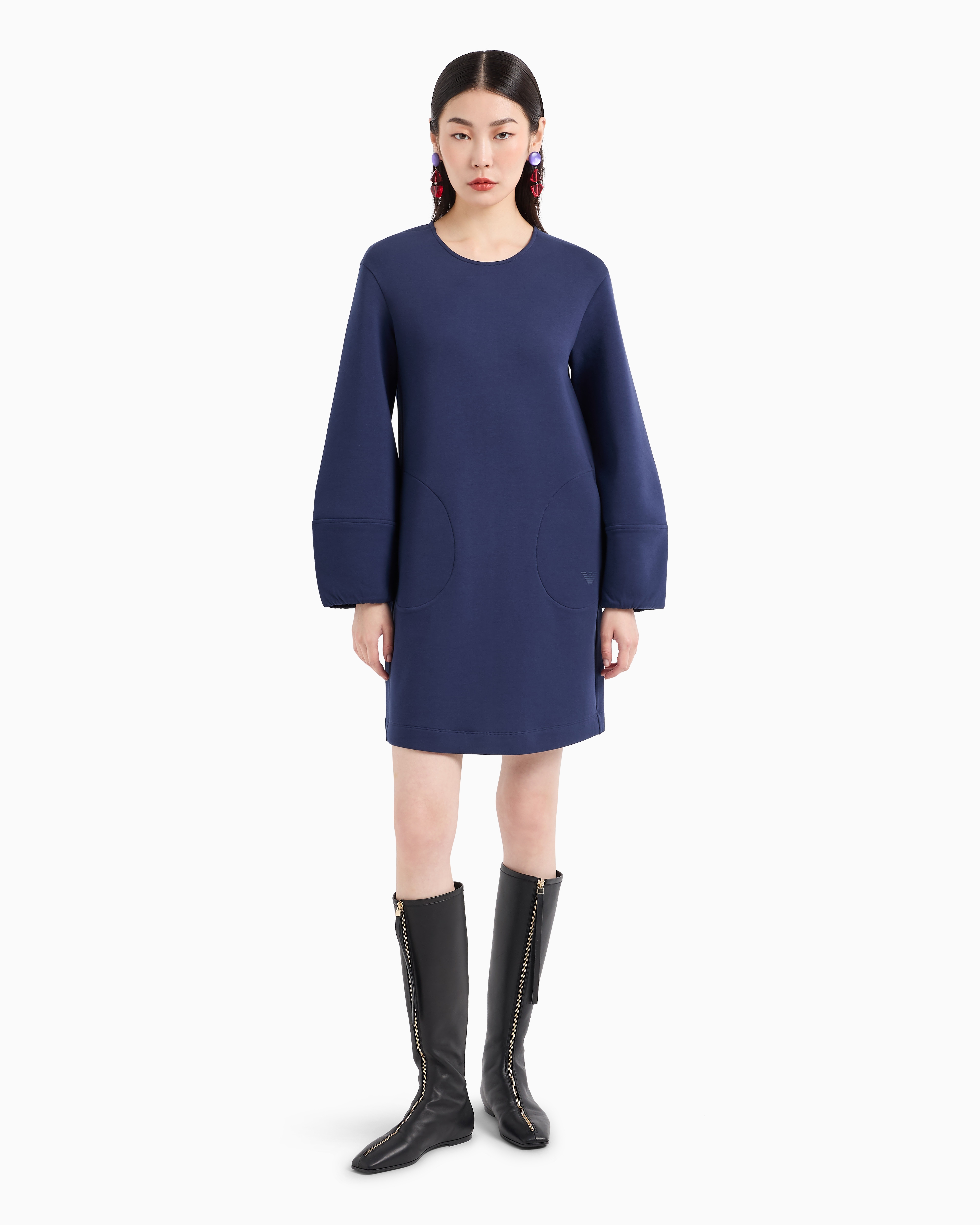 Shop Emporio Armani Double Jersey Dress With Balloon Sleeves In Blue