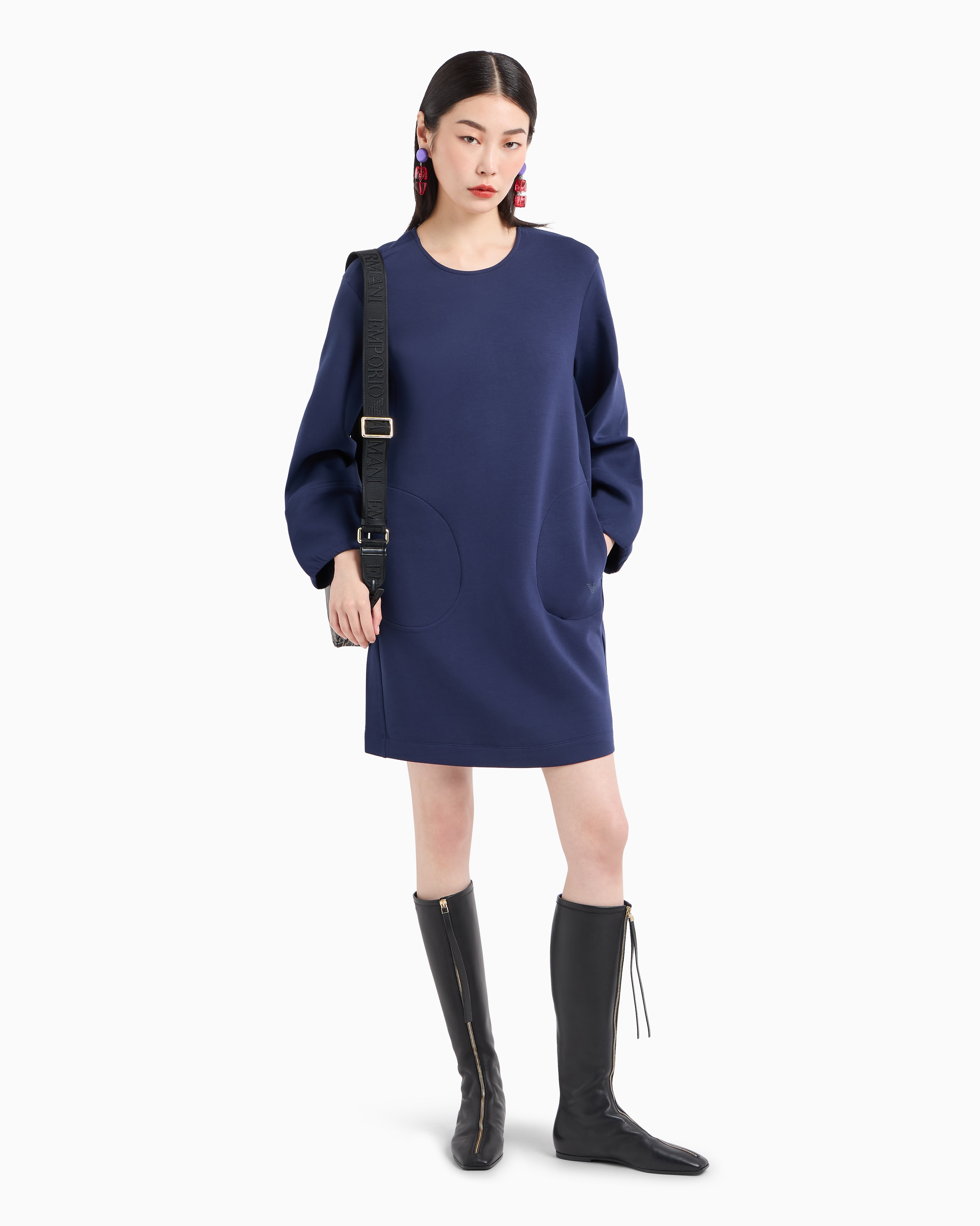 Shop Emporio Armani Double Jersey Dress With Balloon Sleeves In Blue