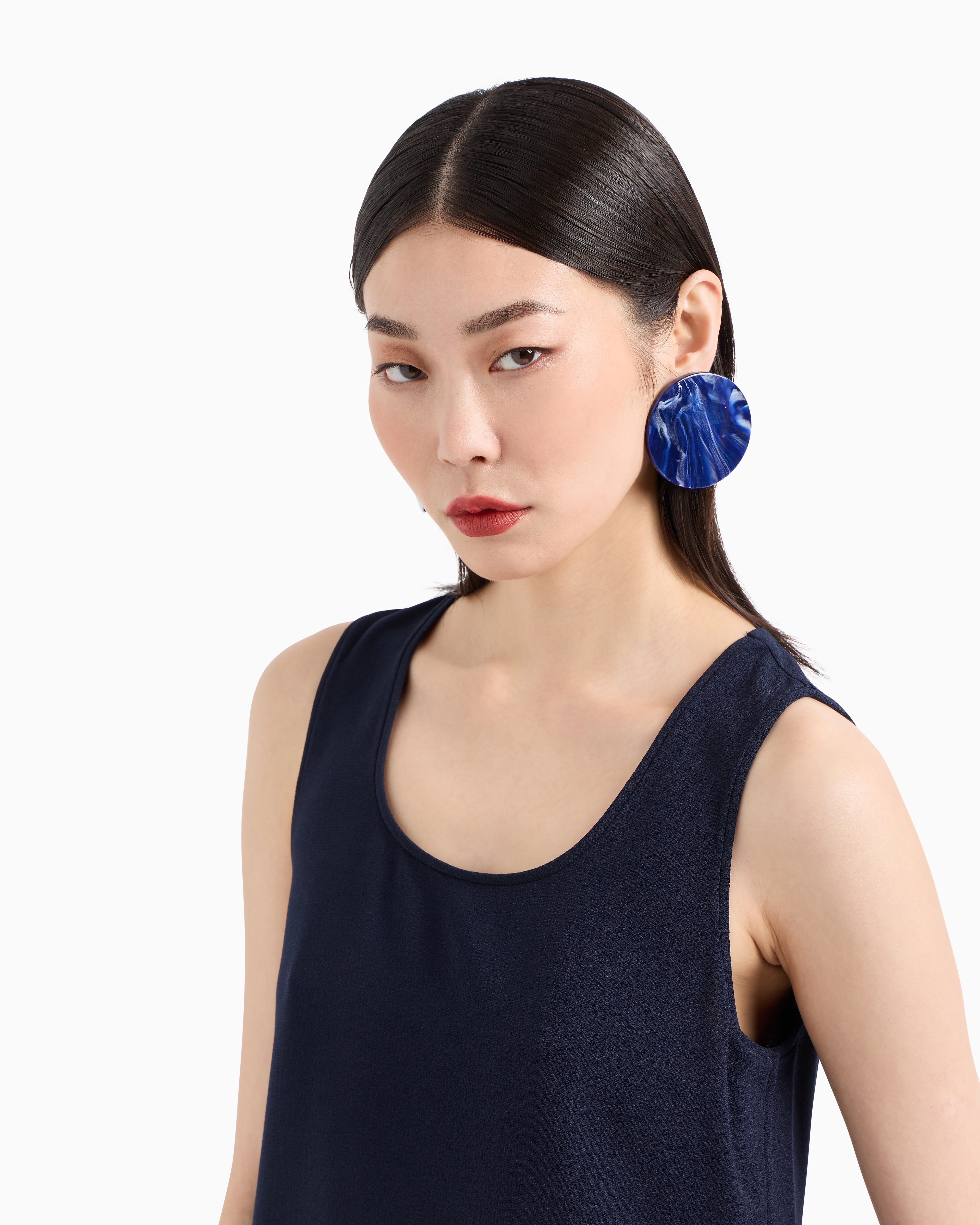 Emporio Armani Stretch Sablé Fabric Top With Side Slits In Blue