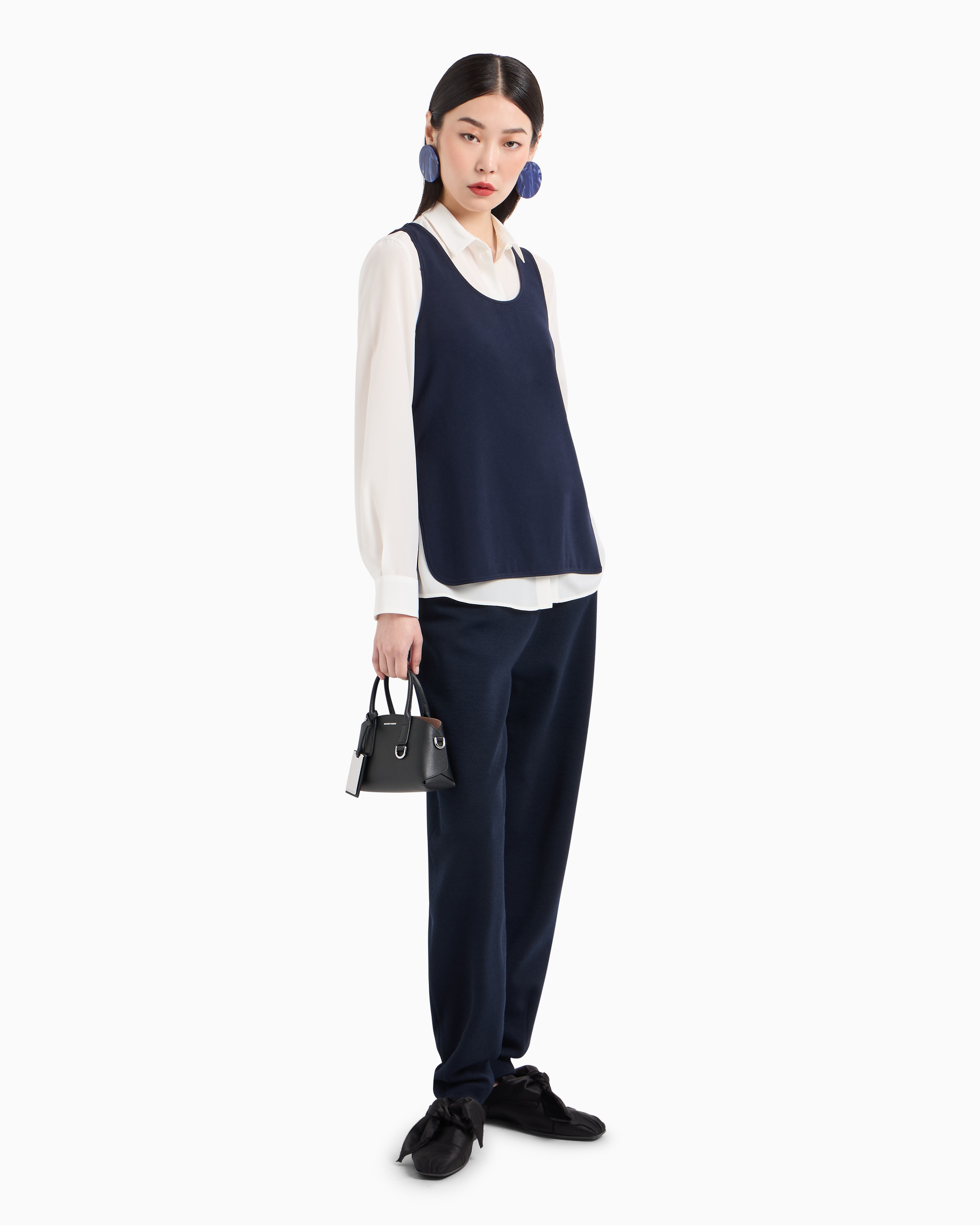 Emporio Armani Stretch Sablé Fabric Top With Side Slits In Blue