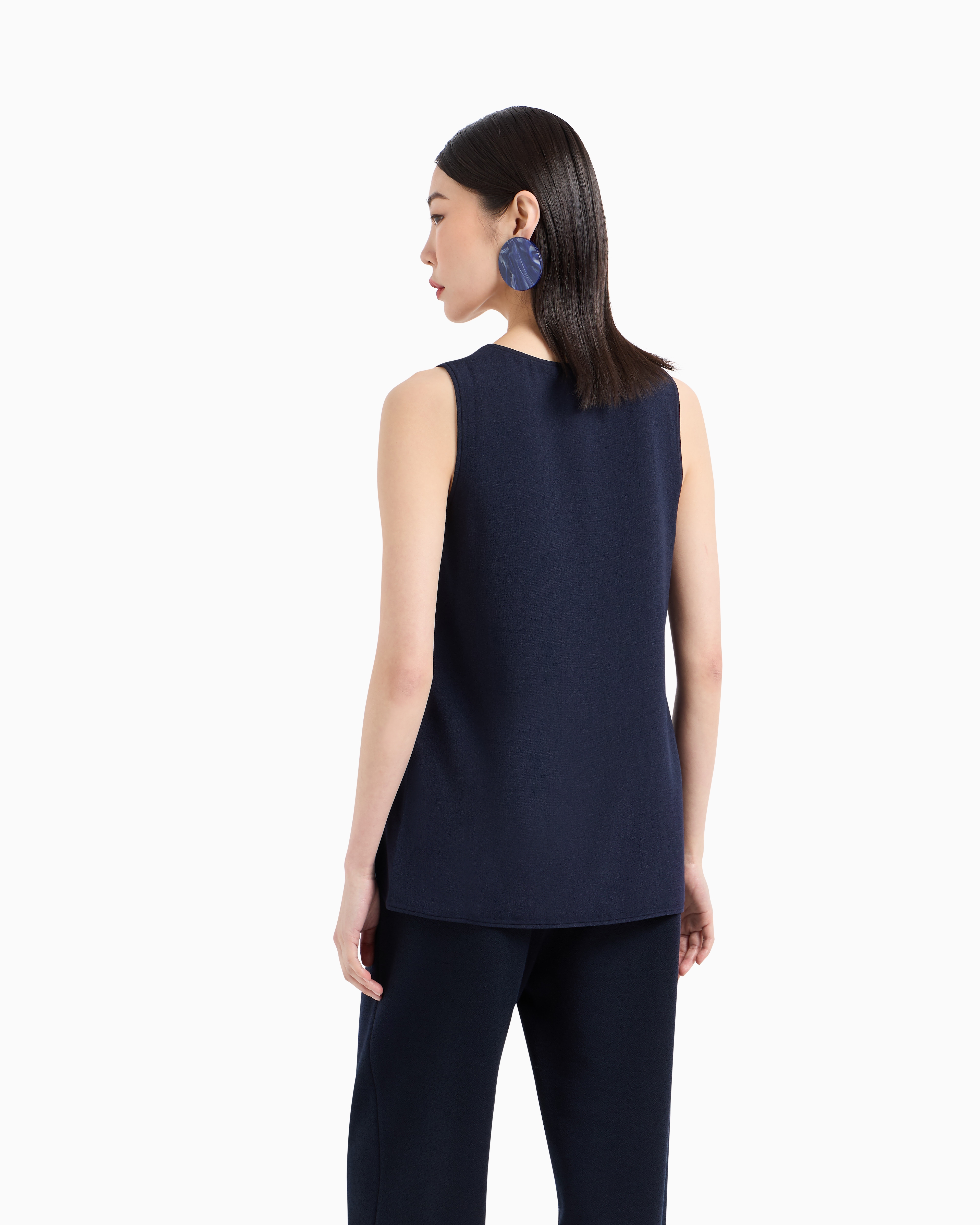 Emporio Armani Stretch Sablé Fabric Top With Side Slits In Blue