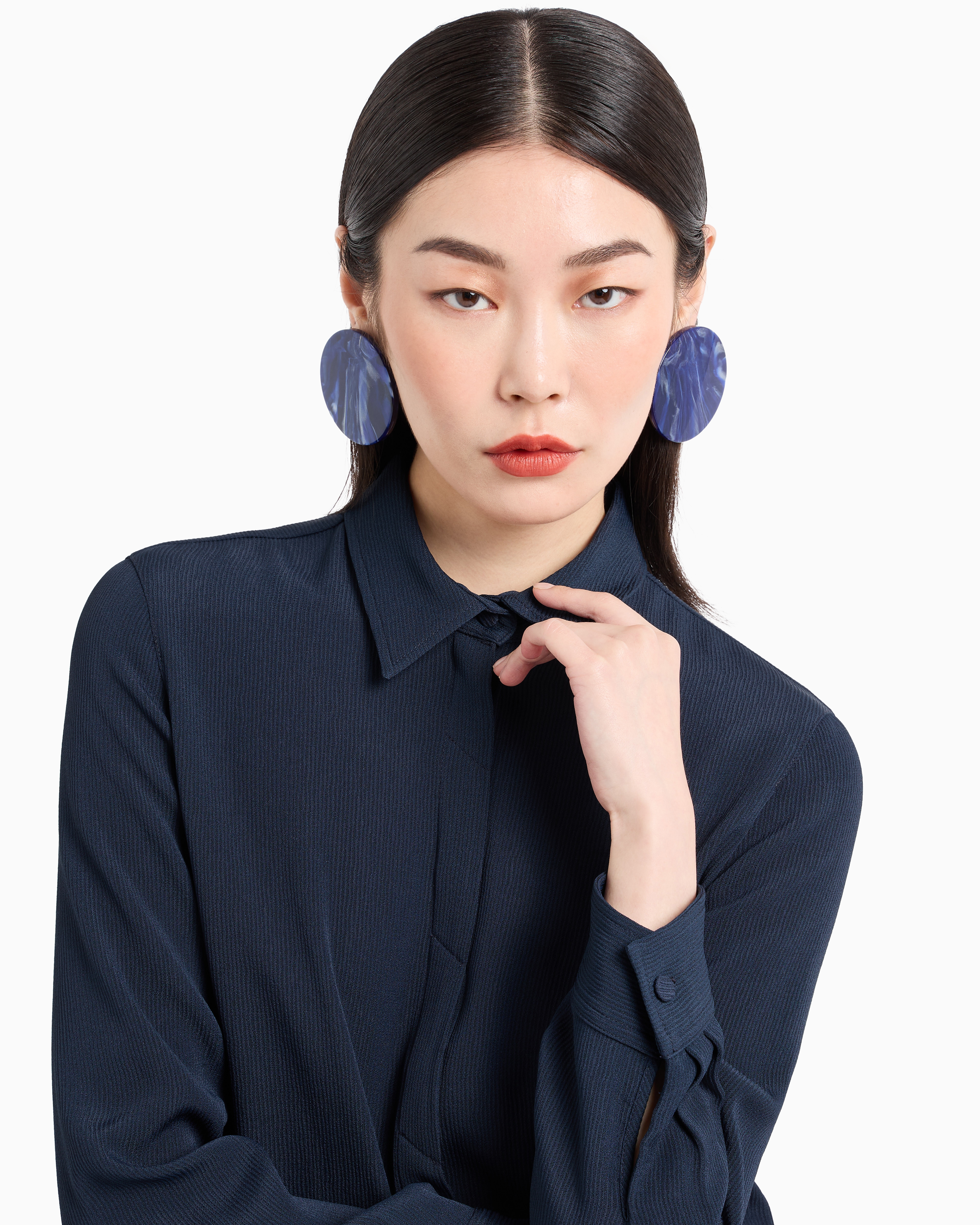 Shop Emporio Armani Icon Canneté Cady Shirt In Navy Blue