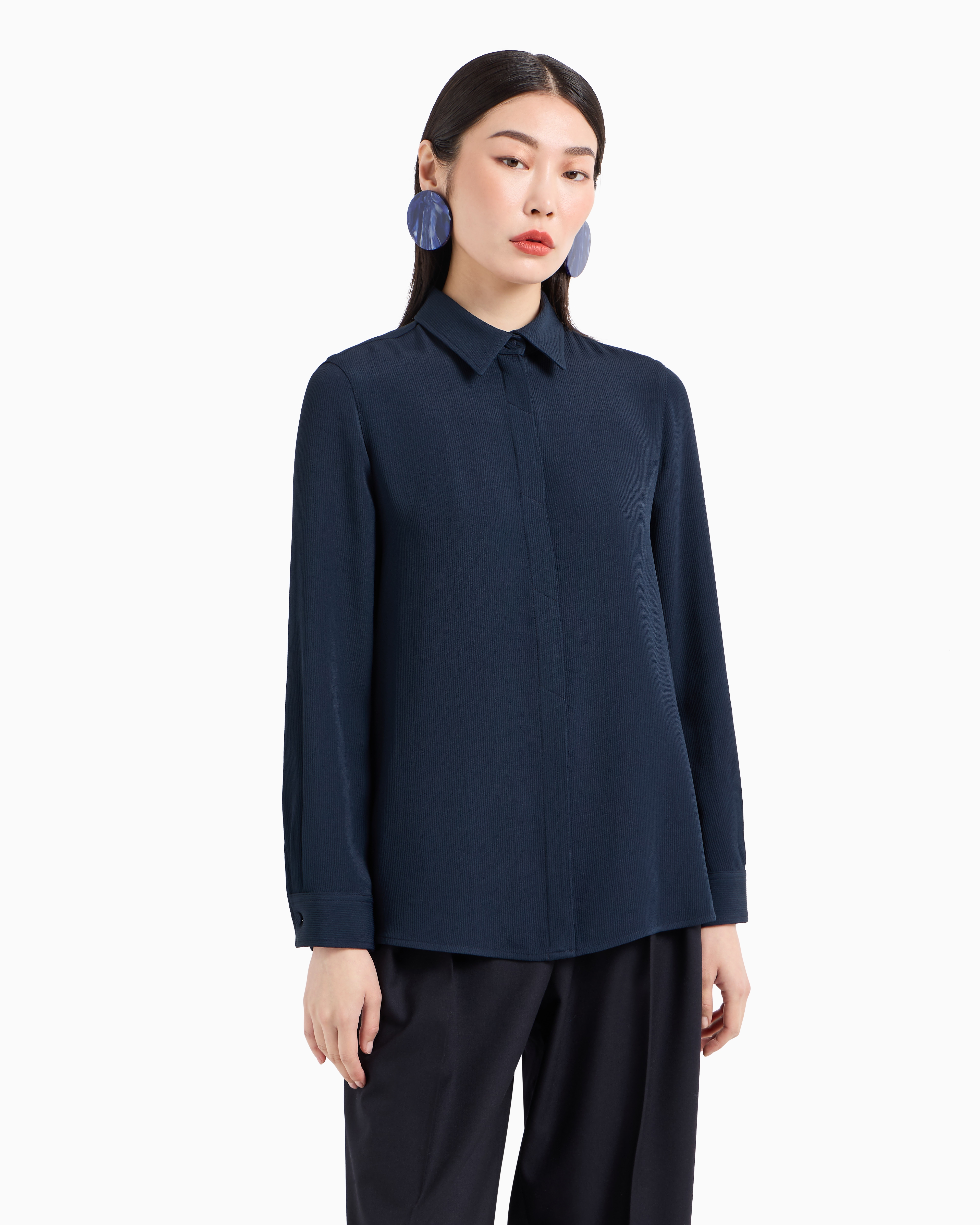 Shop Emporio Armani Icon Canneté Cady Shirt In Navy Blue