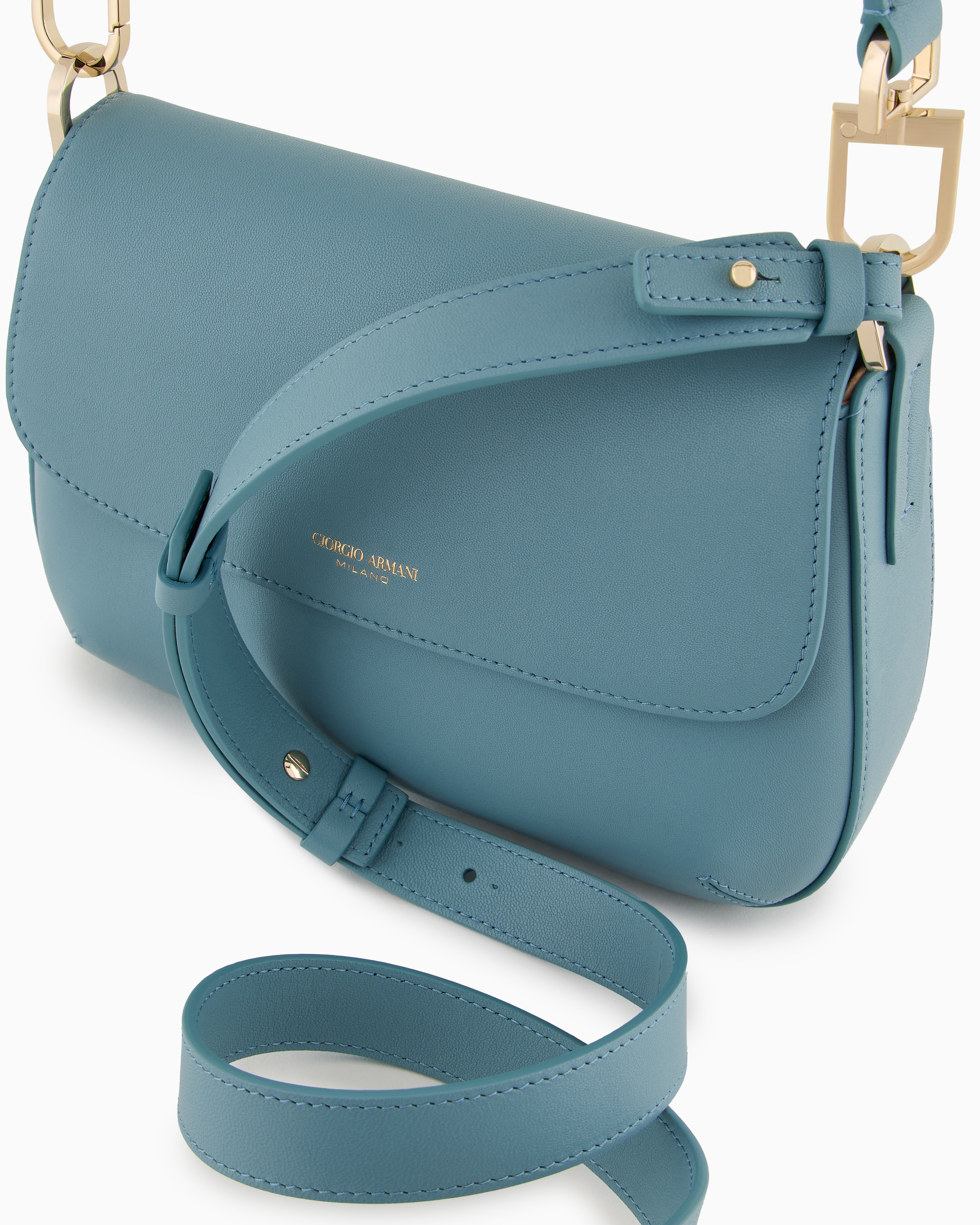 Shop Giorgio Armani Small La Prima Soft Baguette Bag In Nappa Leather In Light Blue