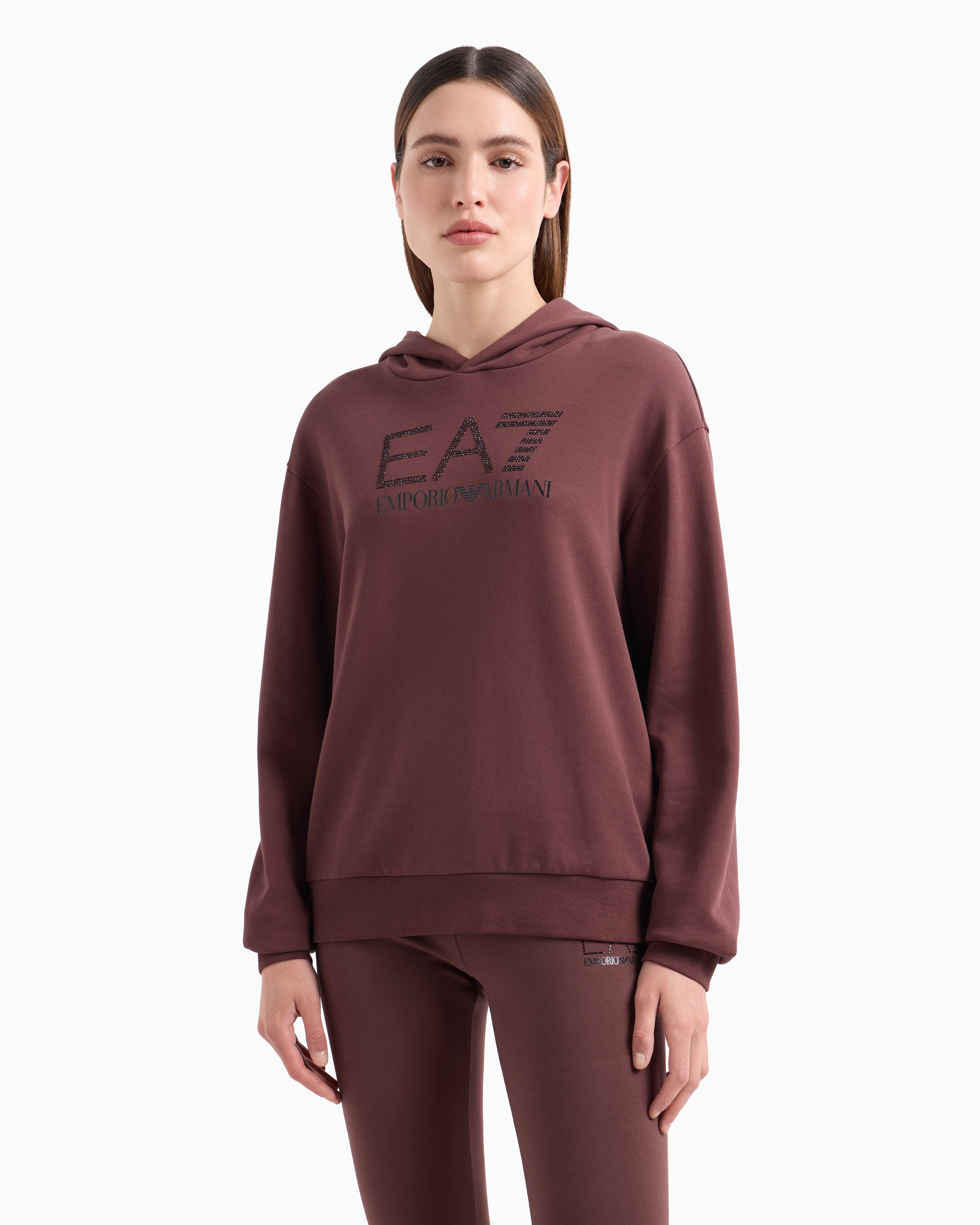 Shop Ea7 Logo Series Organic Cotton-blend Hooded Sweatshirt In Braun