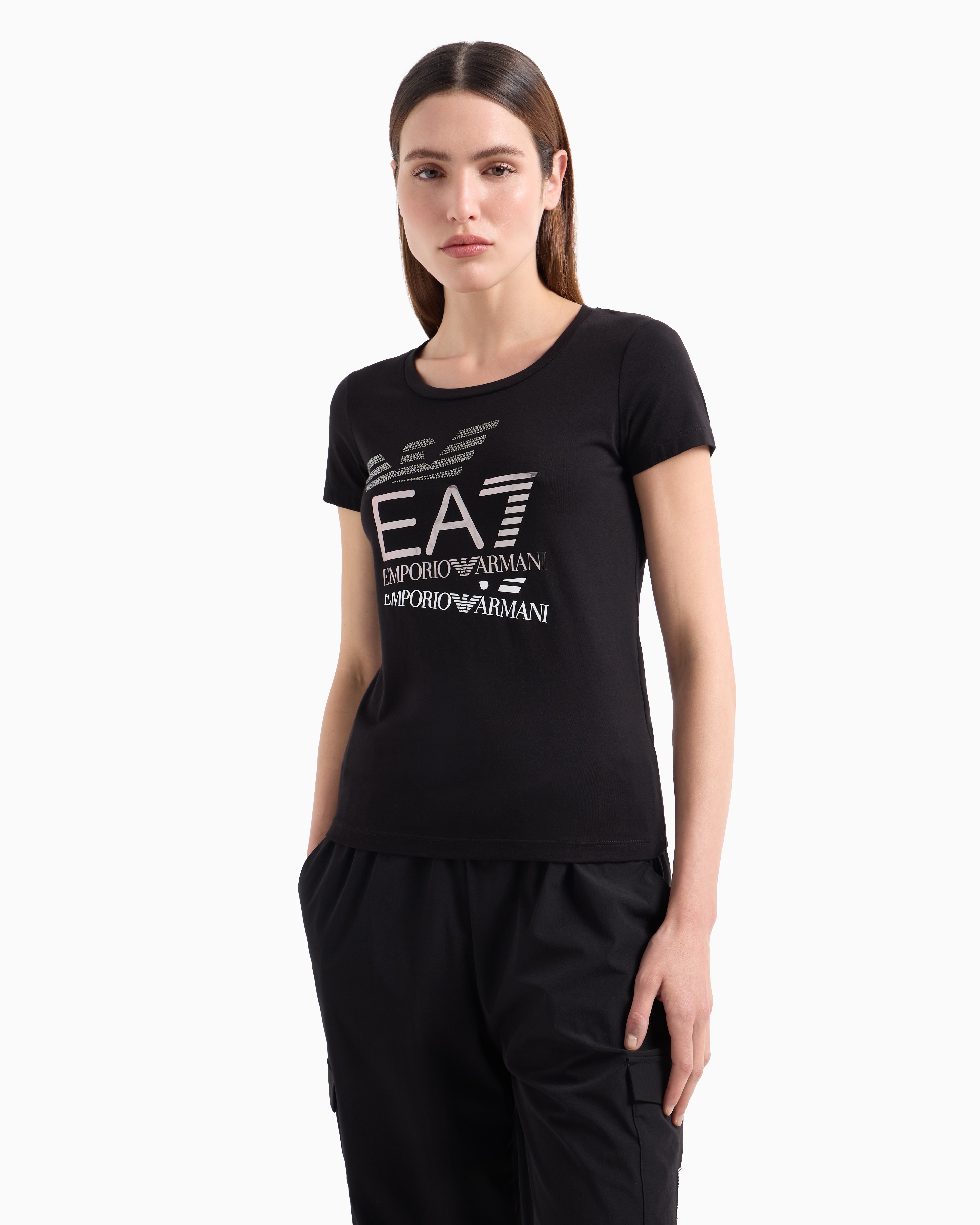 Shop Ea7 Logo Series Stretch-cotton Crew-neck T-shirt In Black