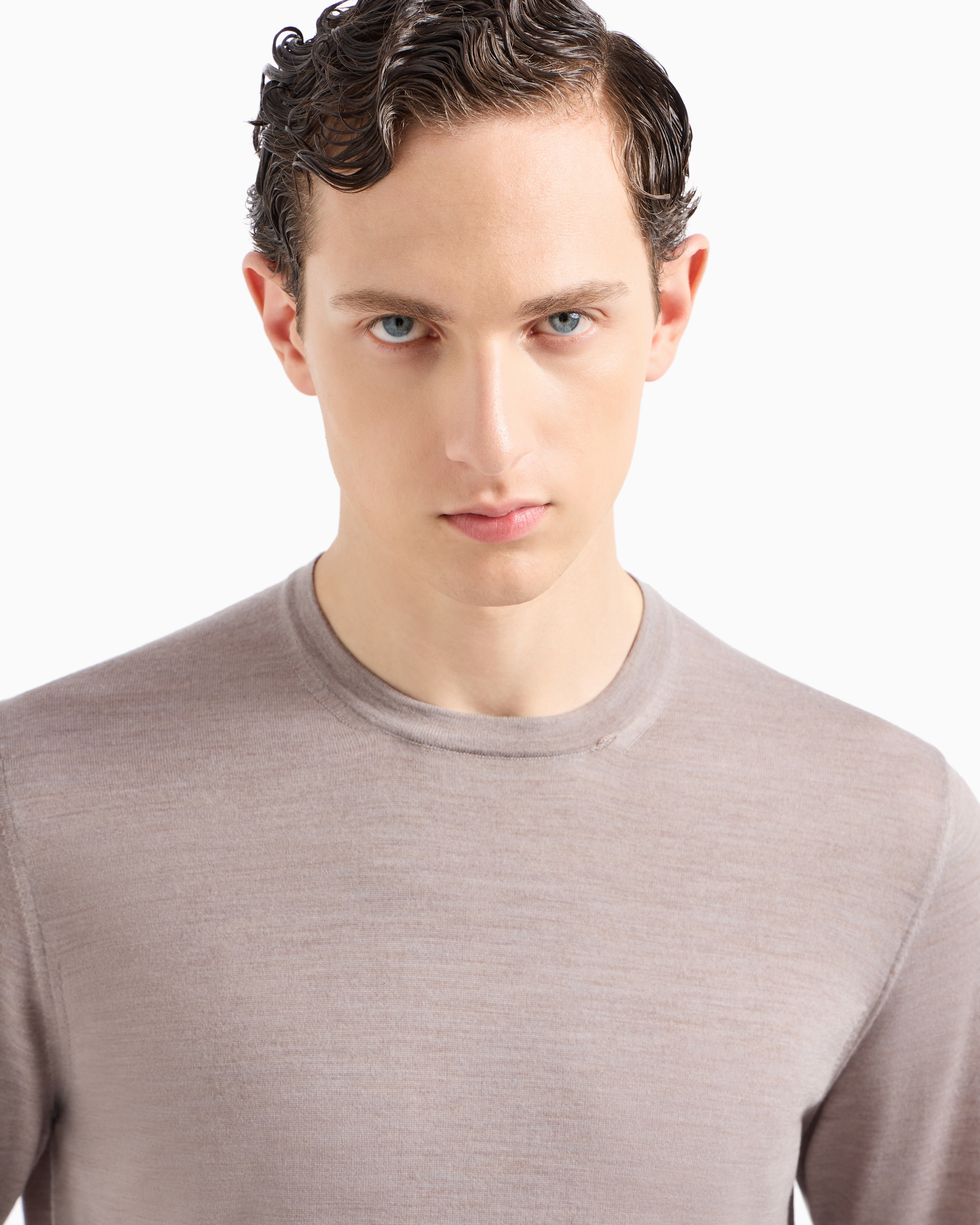 Shop Giorgio Armani Virgin-wool, Crew-neck Jumper In Beige