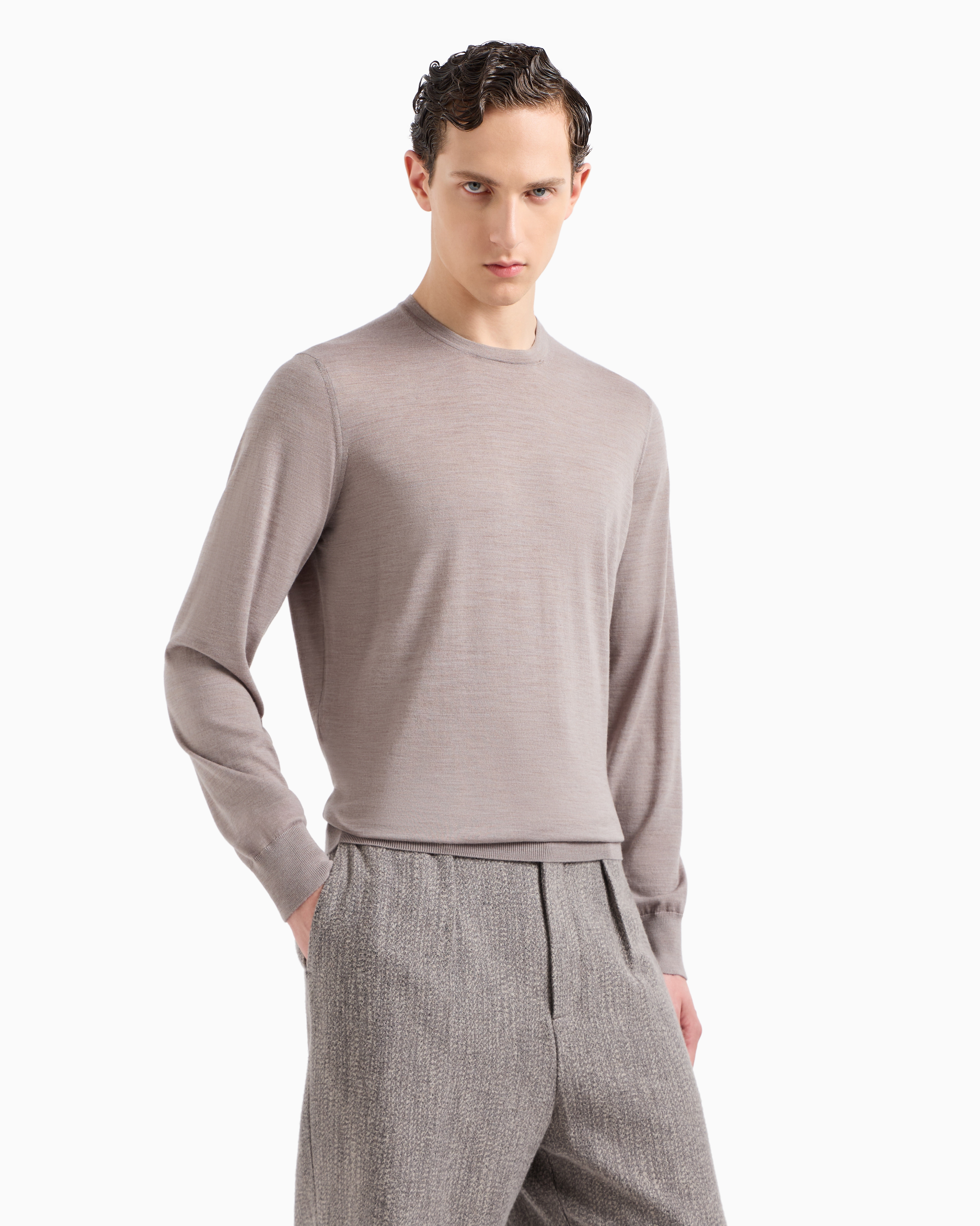 Shop Giorgio Armani Virgin-wool, Crew-neck Jumper In Beige