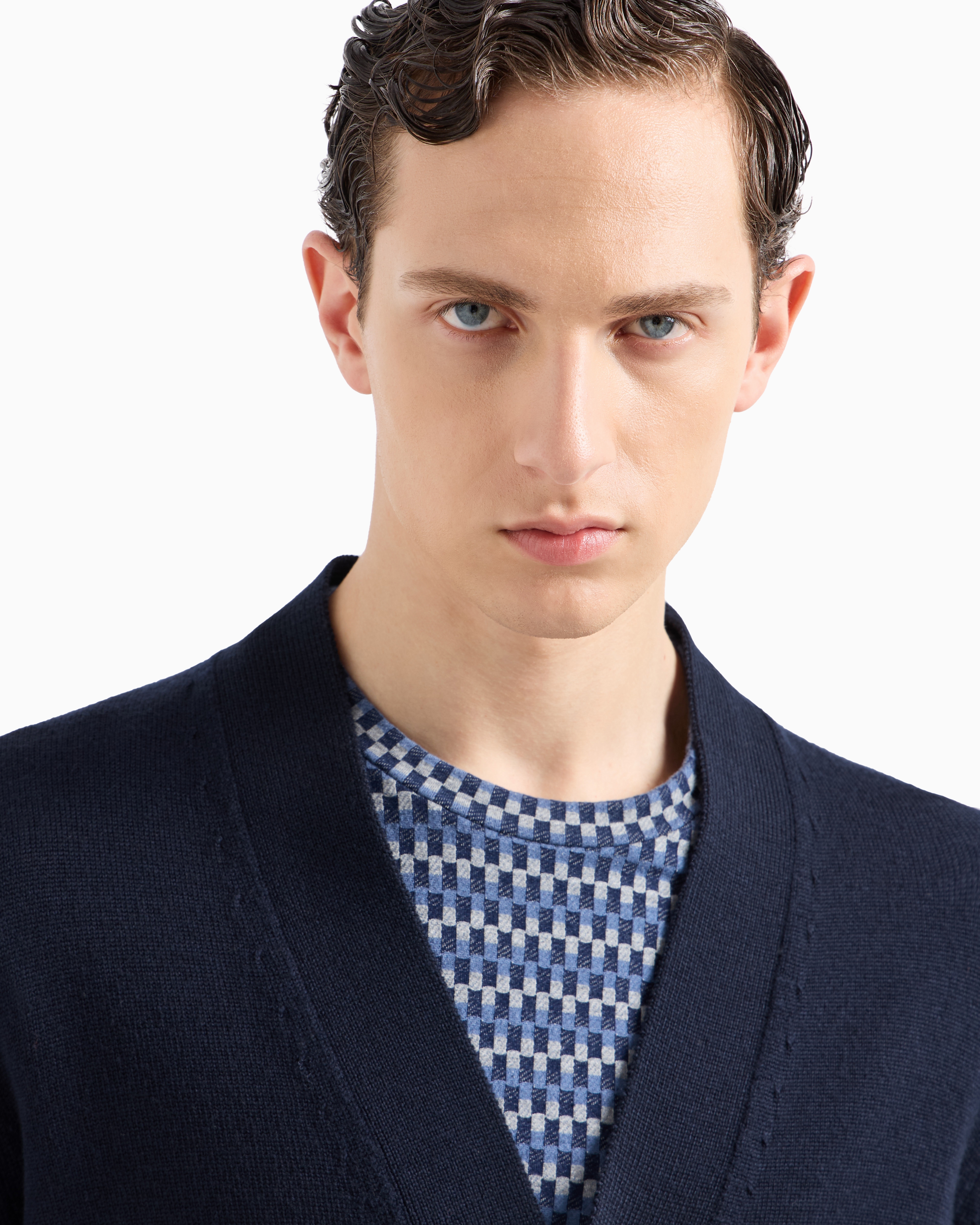 Shop Giorgio Armani Virgin-wool Cardigan With Buttons In Bleu Nuit