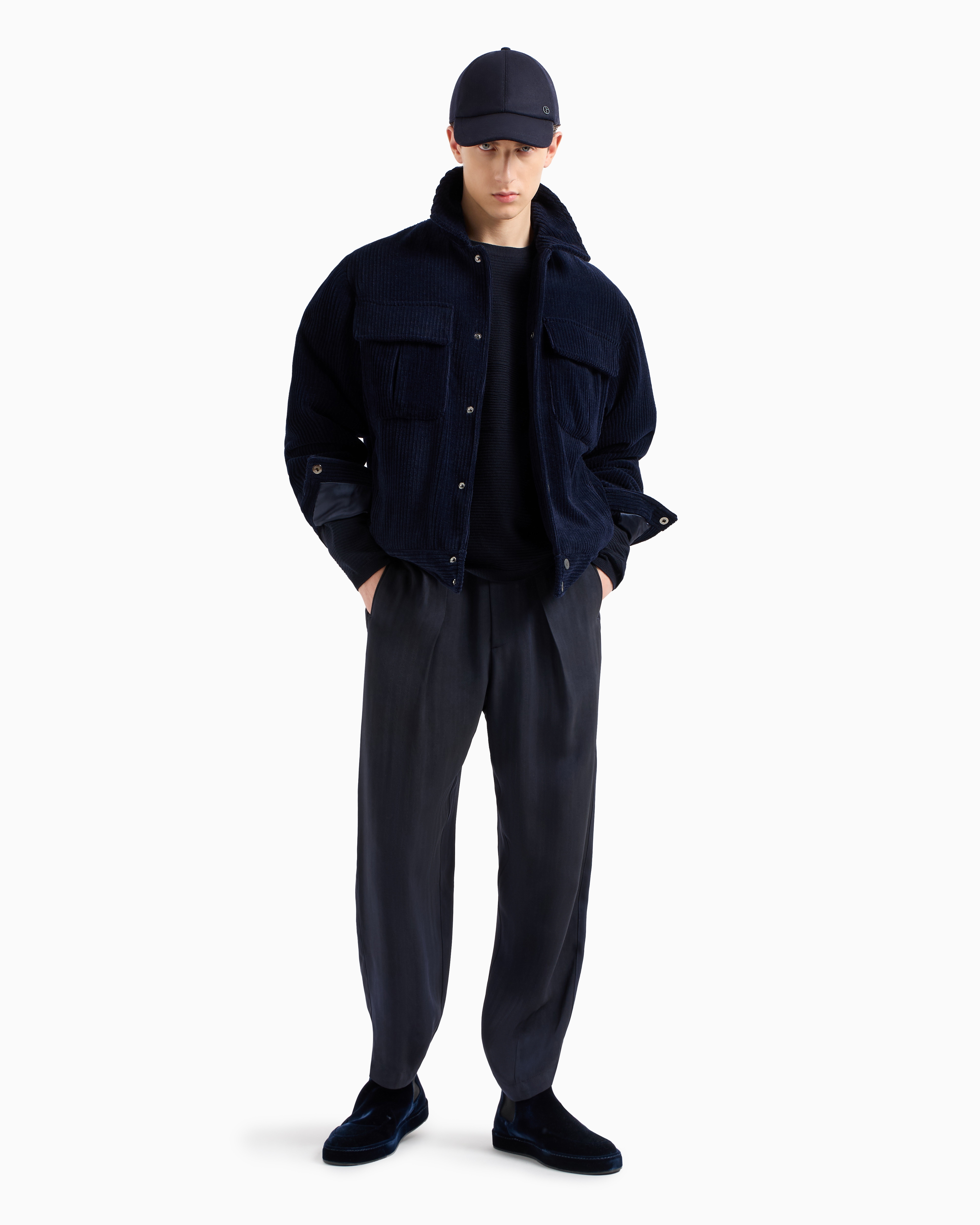 Giorgio Armani Official Store Virgin-wool Blend Crew-neck Jumper With Jacquard Logo In Midnight Blue