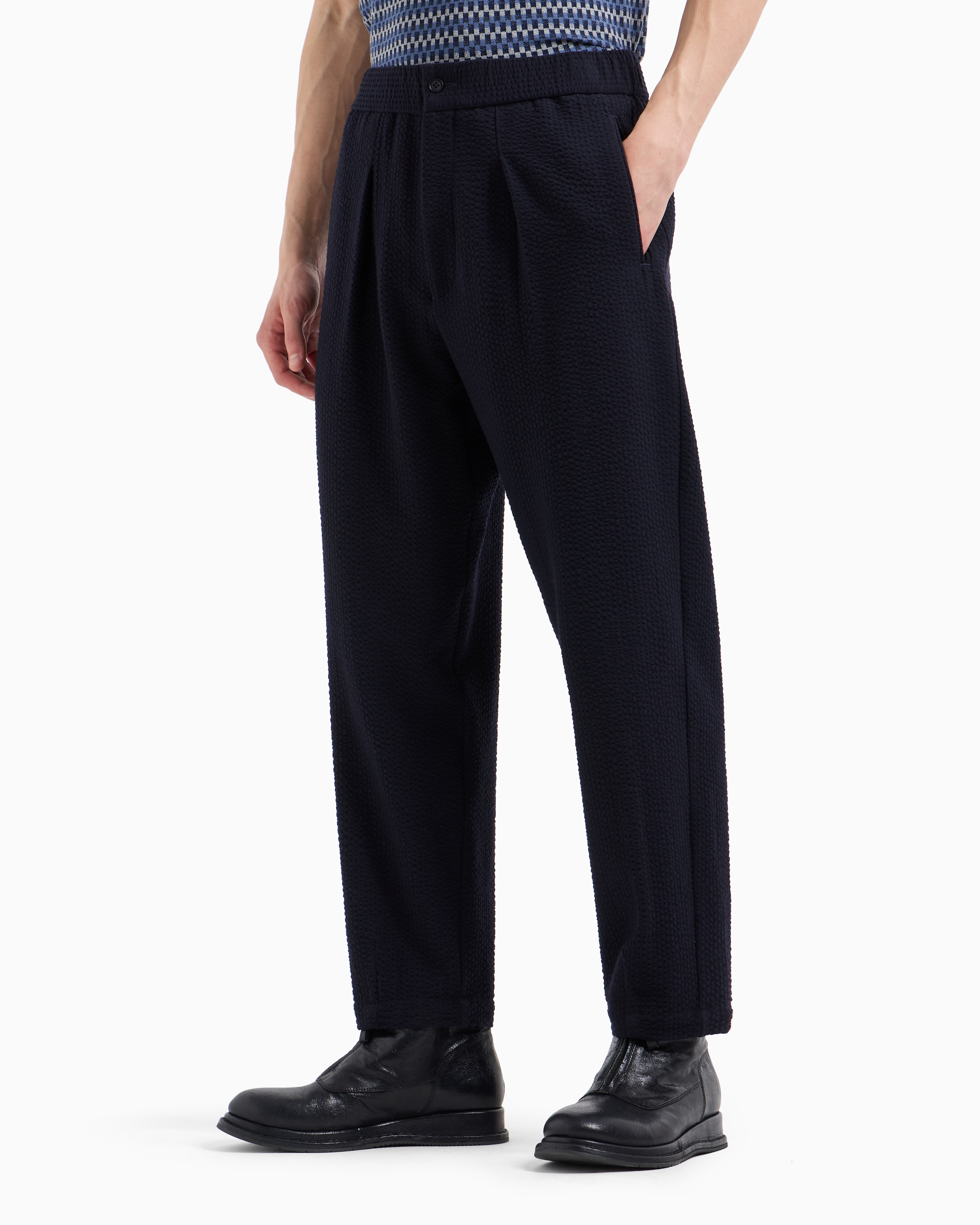 Shop Giorgio Armani Single-pleat, Virgin Wool And Seersucker Cashmere Trousers In Blue