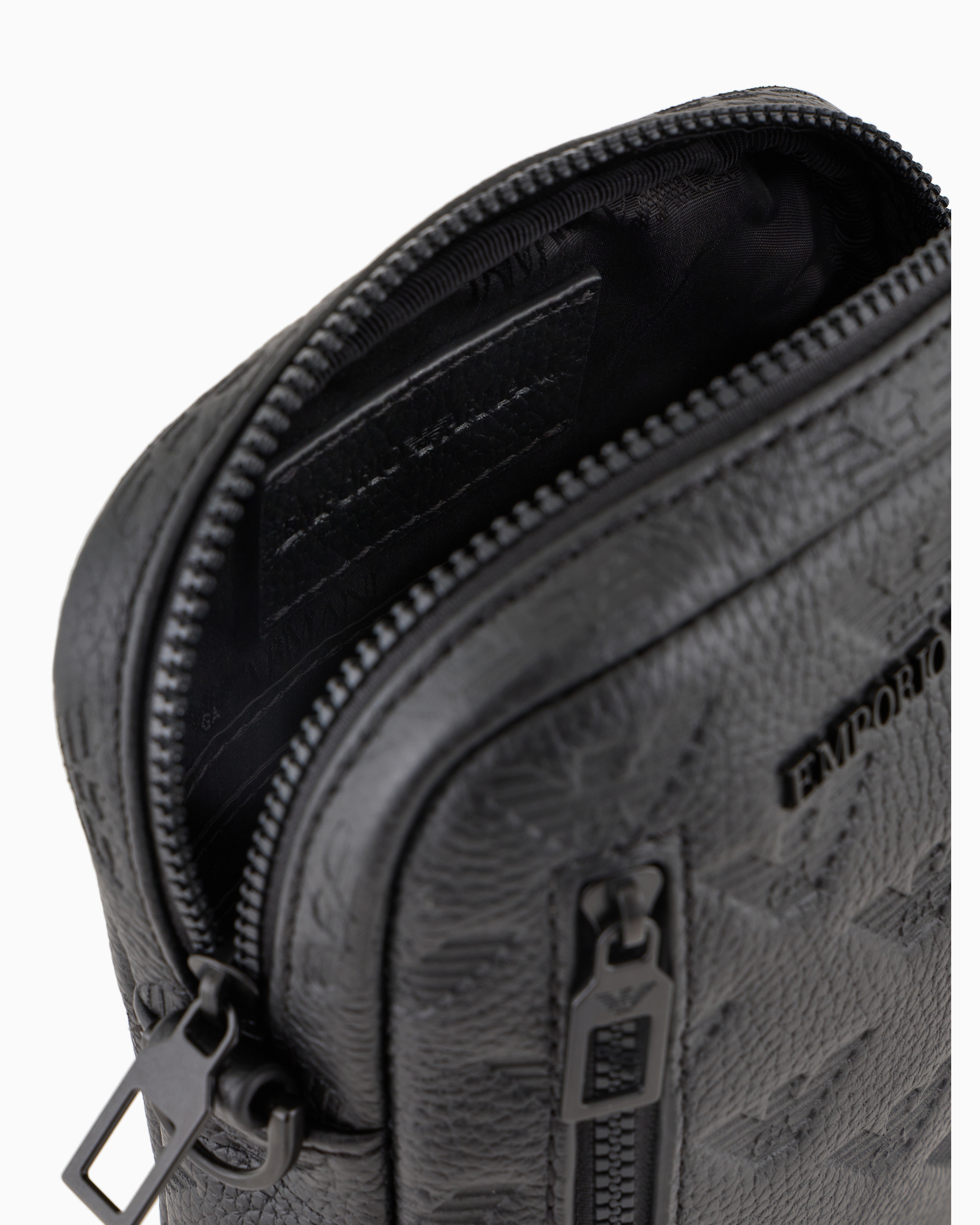 Emporio Armani Official Store Leather Tech Case With Shoulder Strap With All-over Embossed Eagle In Black