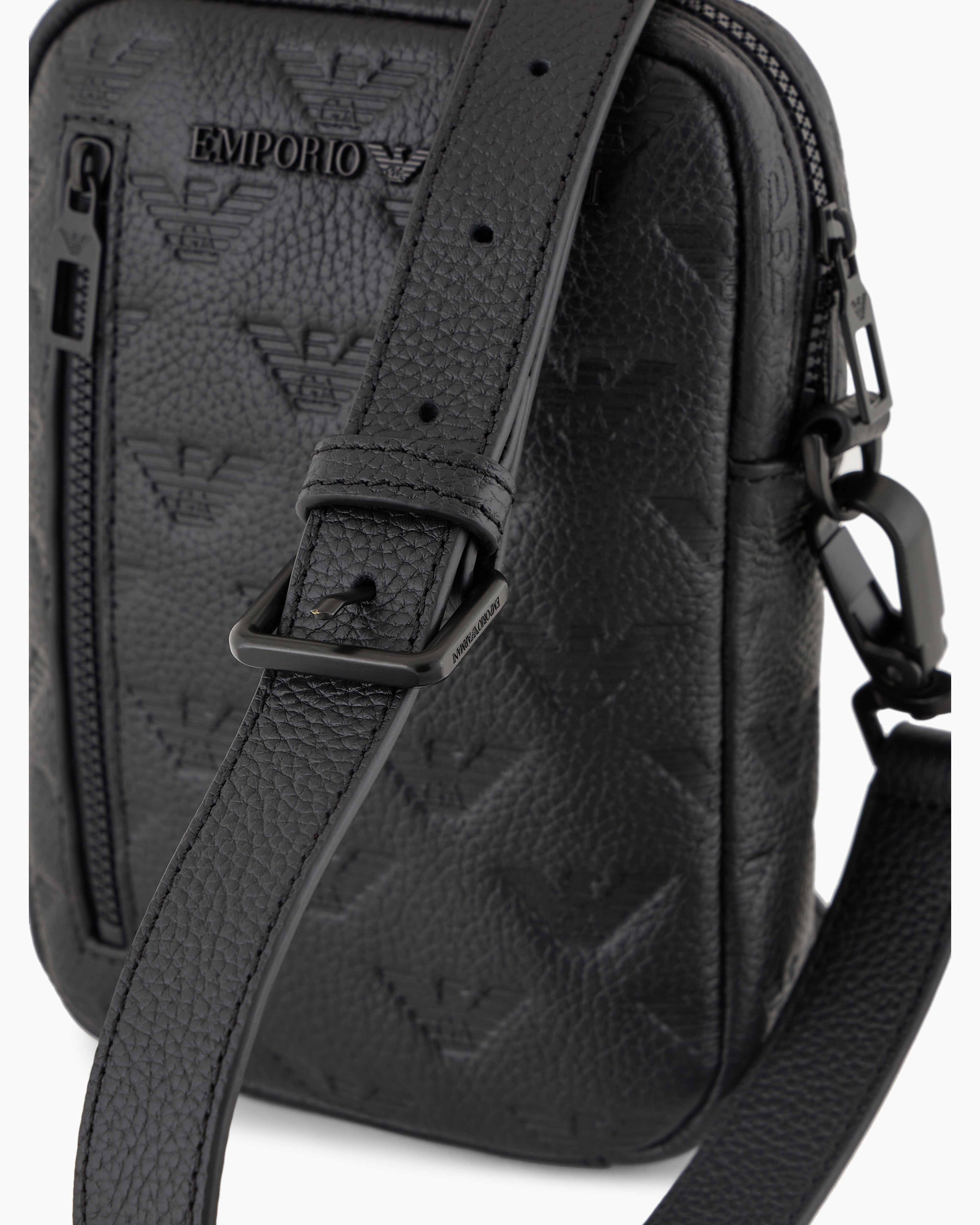 Emporio Armani Official Store Leather Tech Case With Shoulder Strap With All-over Embossed Eagle In Black