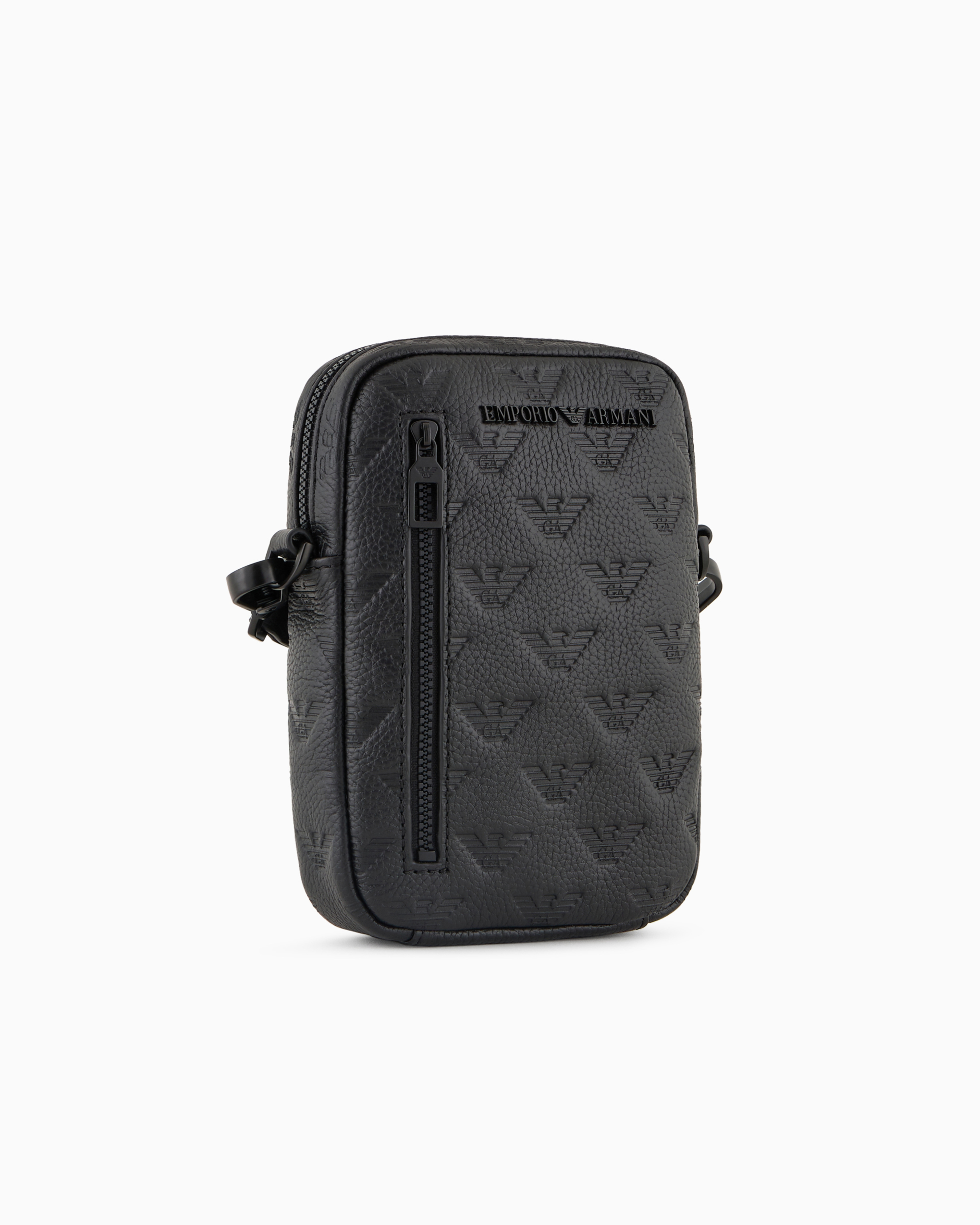 Emporio Armani Official Store Leather Tech Case With Shoulder Strap With All-over Embossed Eagle In Black