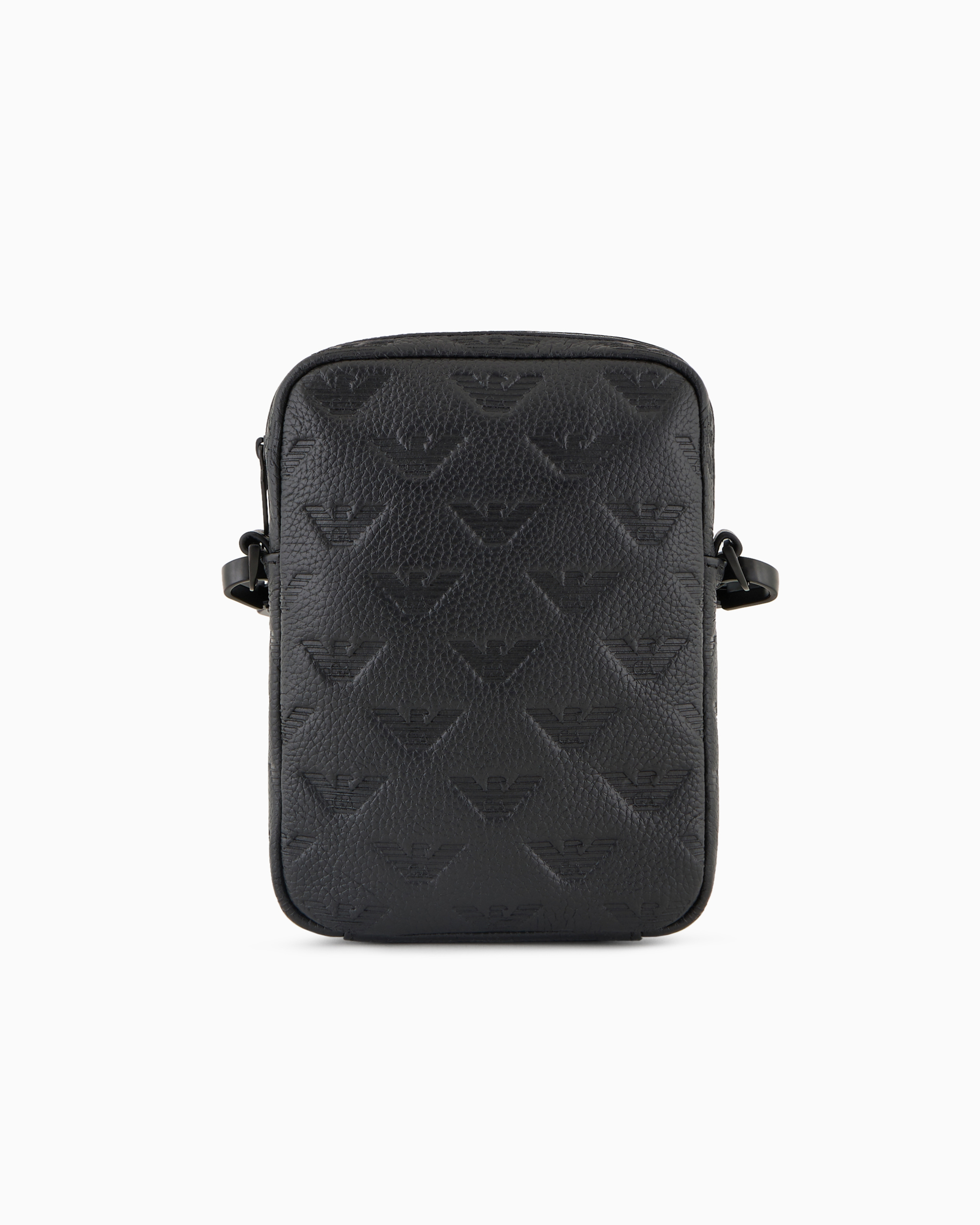 Emporio Armani Official Store Leather Tech Case With Shoulder Strap With All-over Embossed Eagle In Black