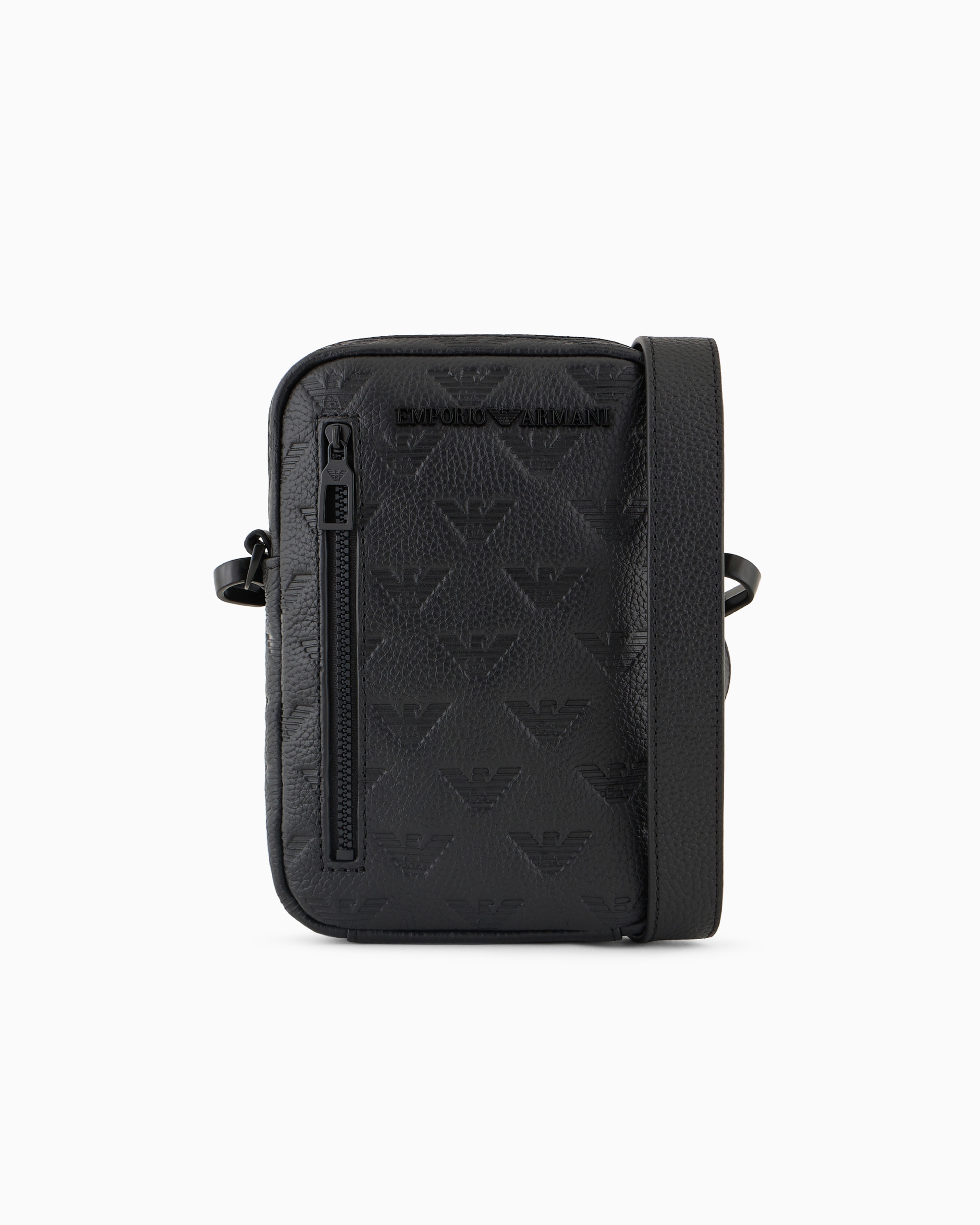 Emporio Armani Official Store Leather Tech Case With Shoulder Strap With All-over Embossed Eagle In Black