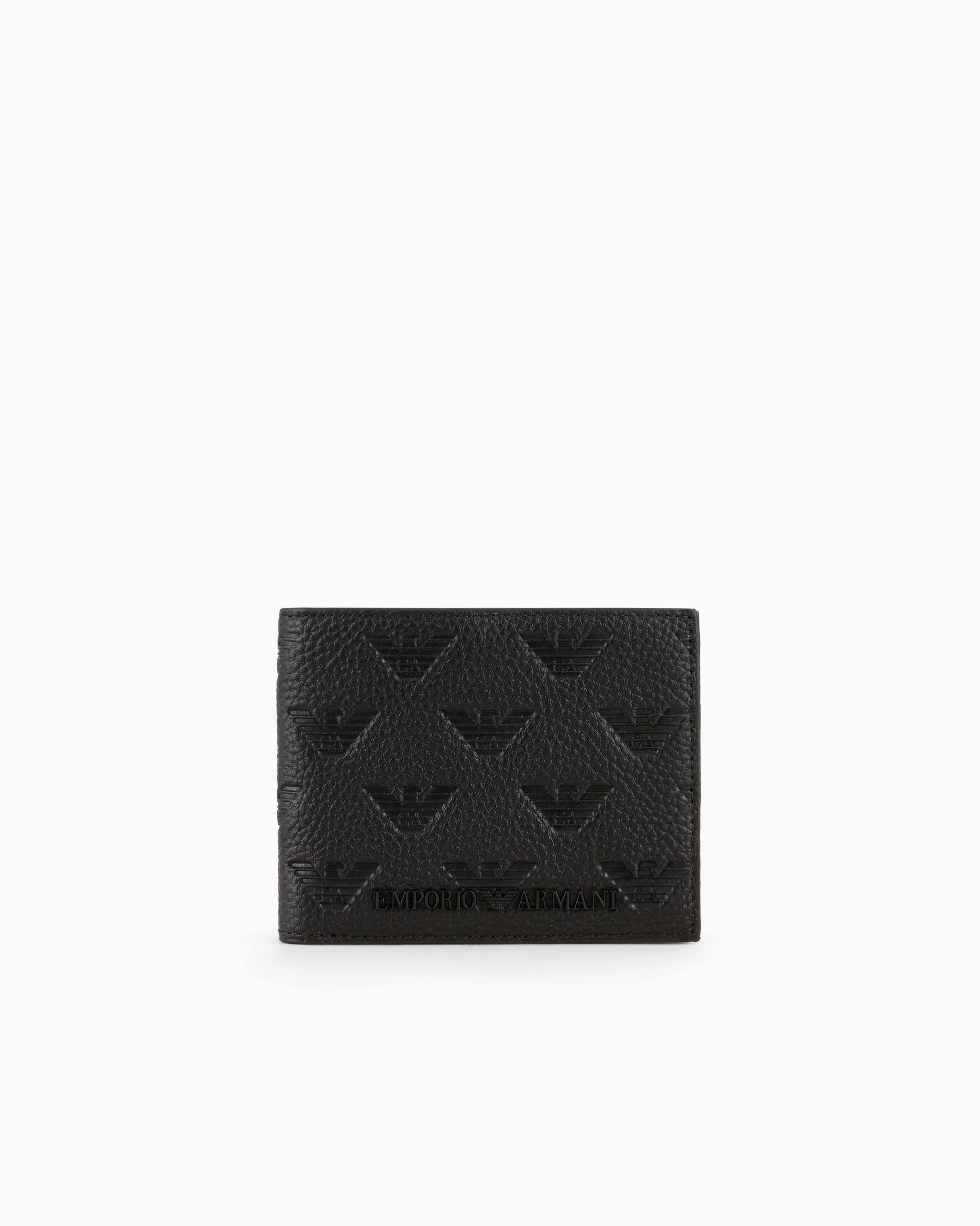 Emporio Armani Official Store Leather Wallet With All-over Embossed Eagle In Black