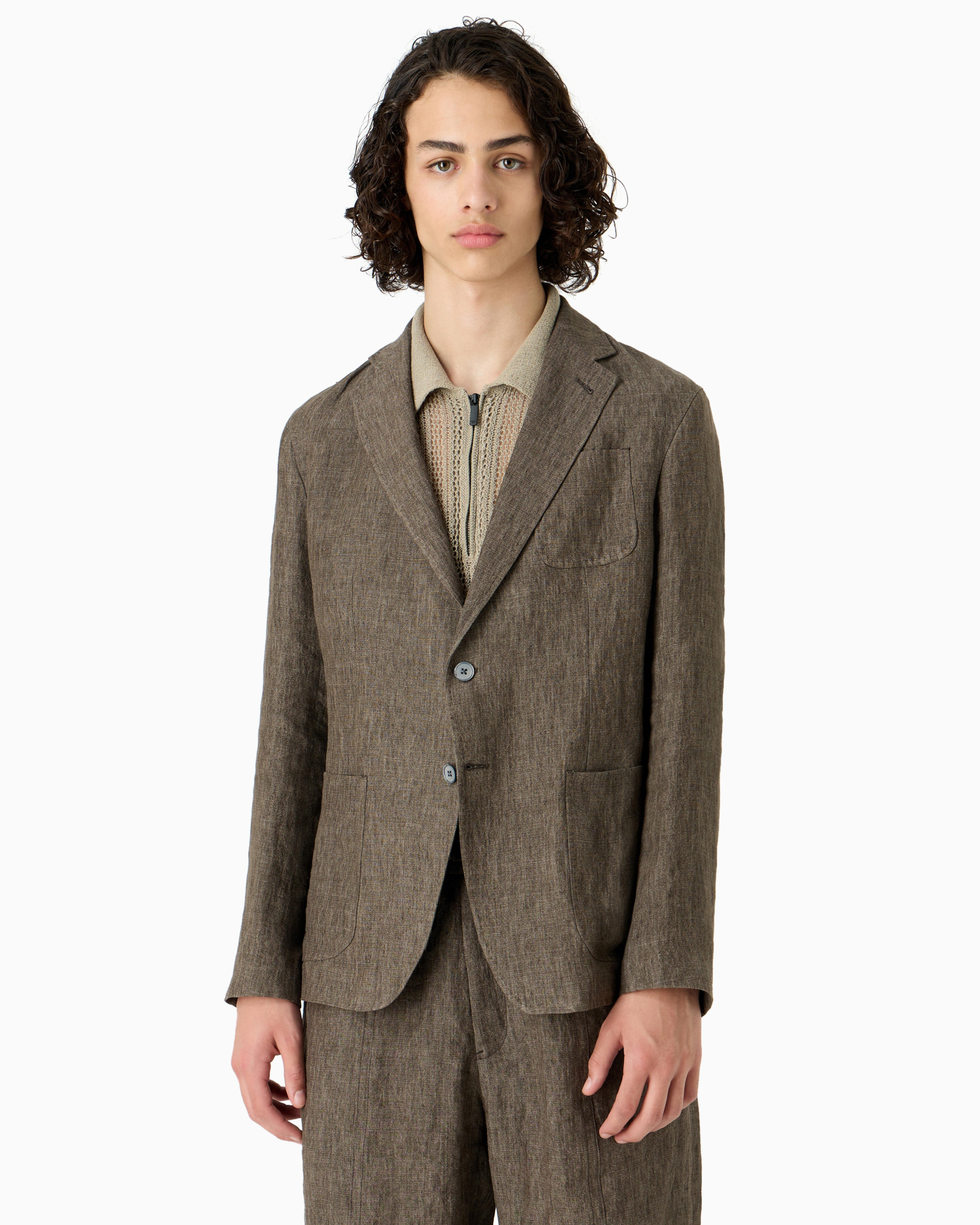 Emporio Armani Single-breasted Jacket In Faded Linen With A Crêpe Texture In Marron