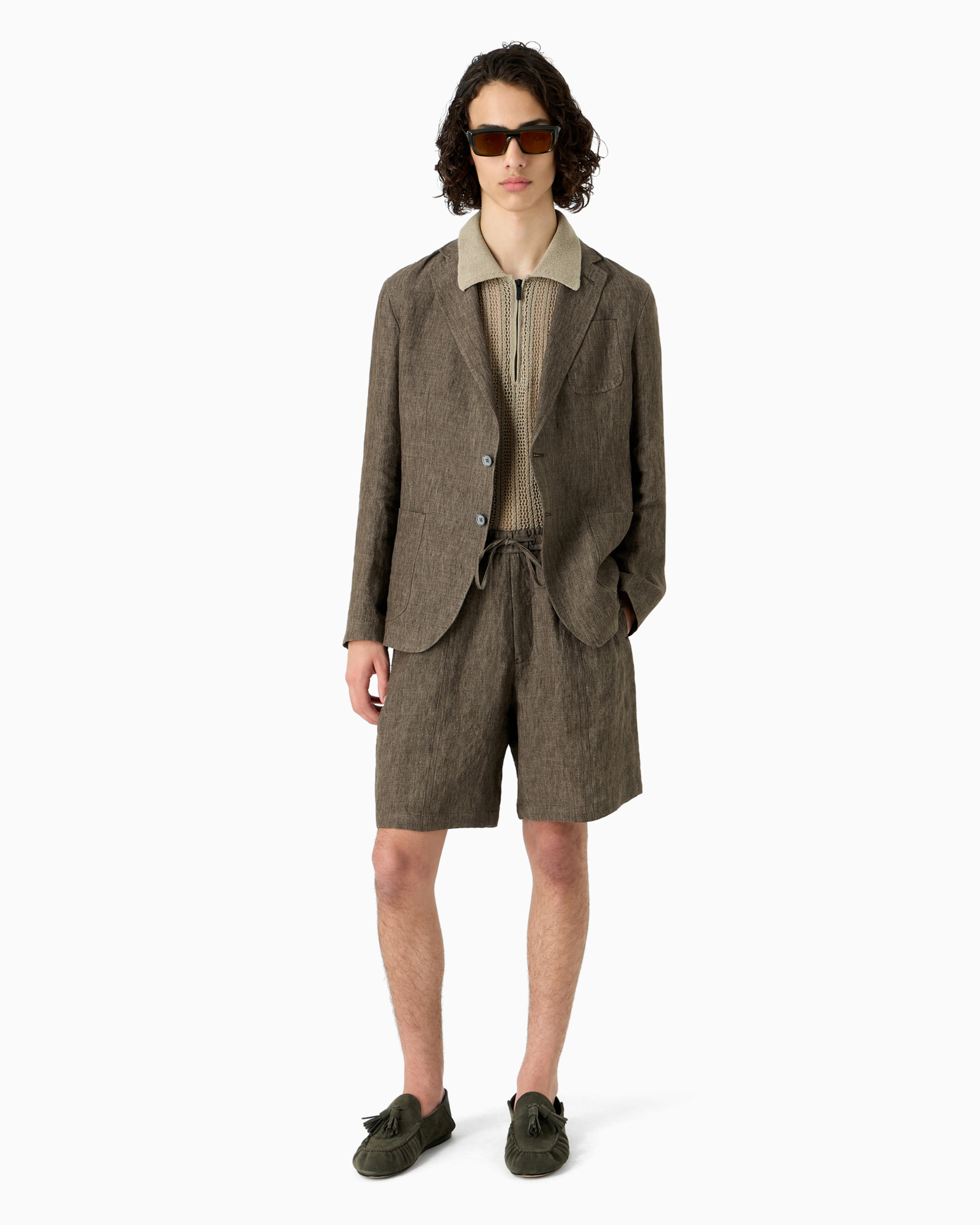 Emporio Armani Single-breasted Jacket In Faded Linen With A Crêpe Texture In Marron