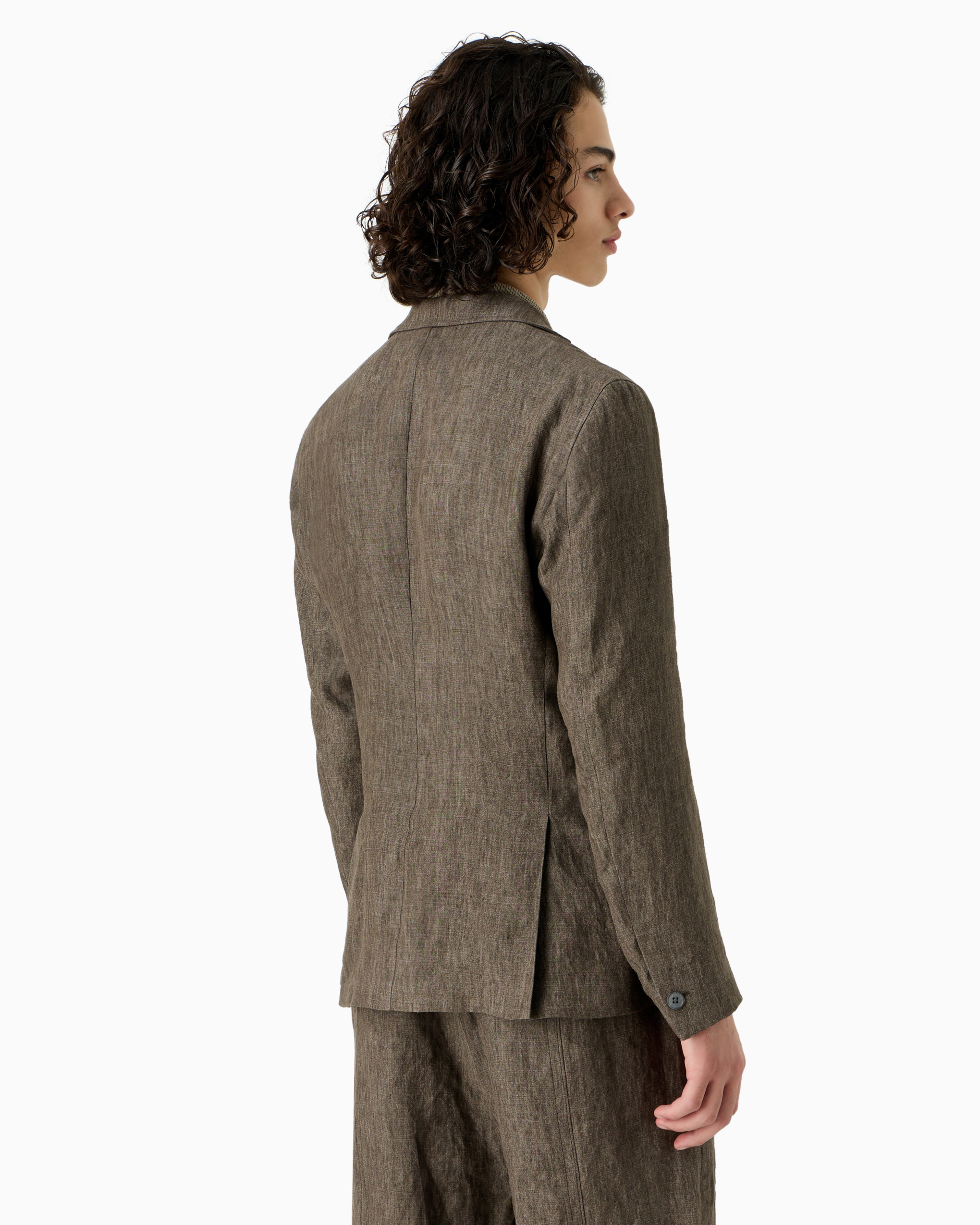 Emporio Armani Single-breasted Jacket In Faded Linen With A Crêpe Texture In Marron
