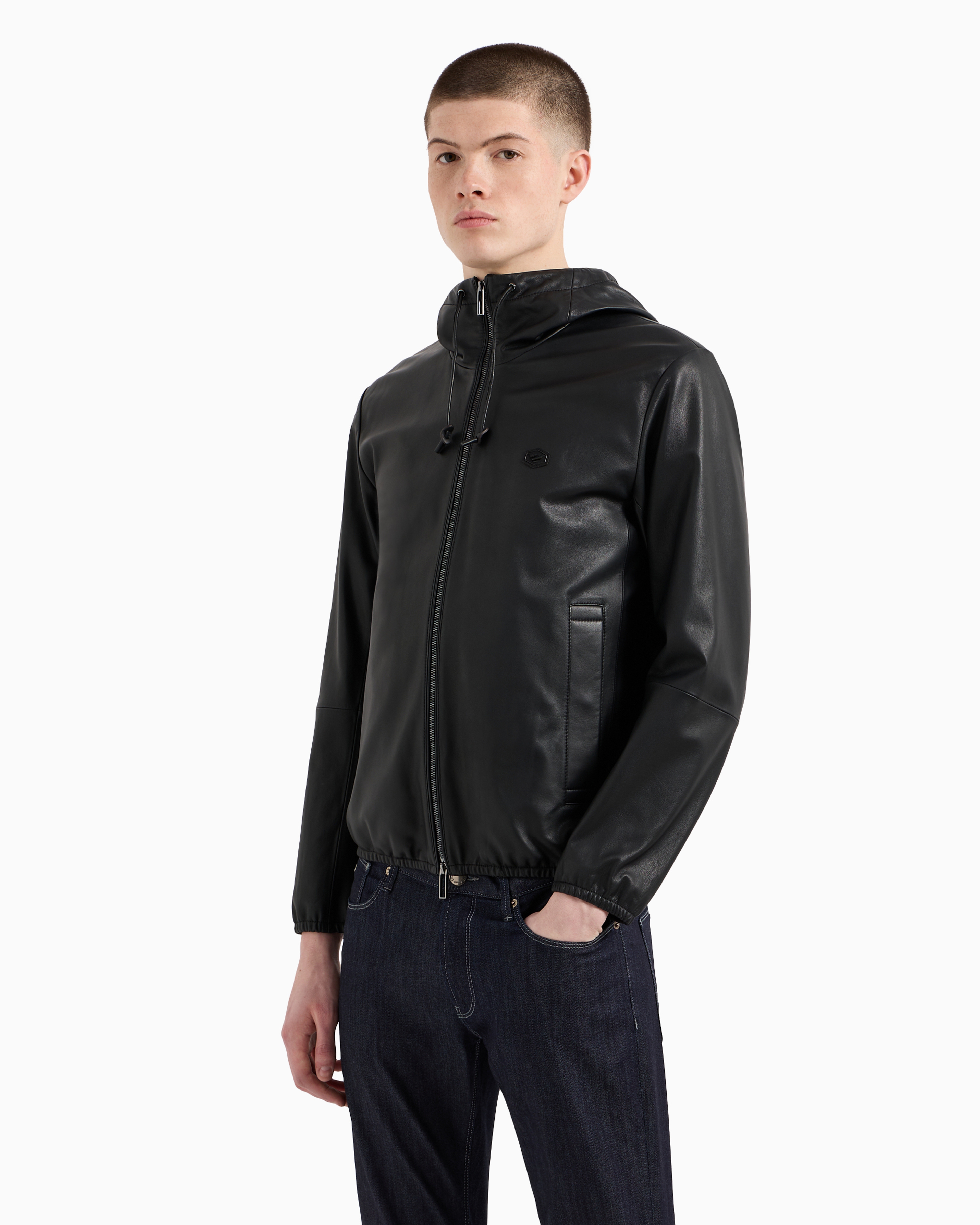 Shop Emporio Armani Hooded, Semi-aniline Nappa Lambskin Blouson With Full-length Zip In Black