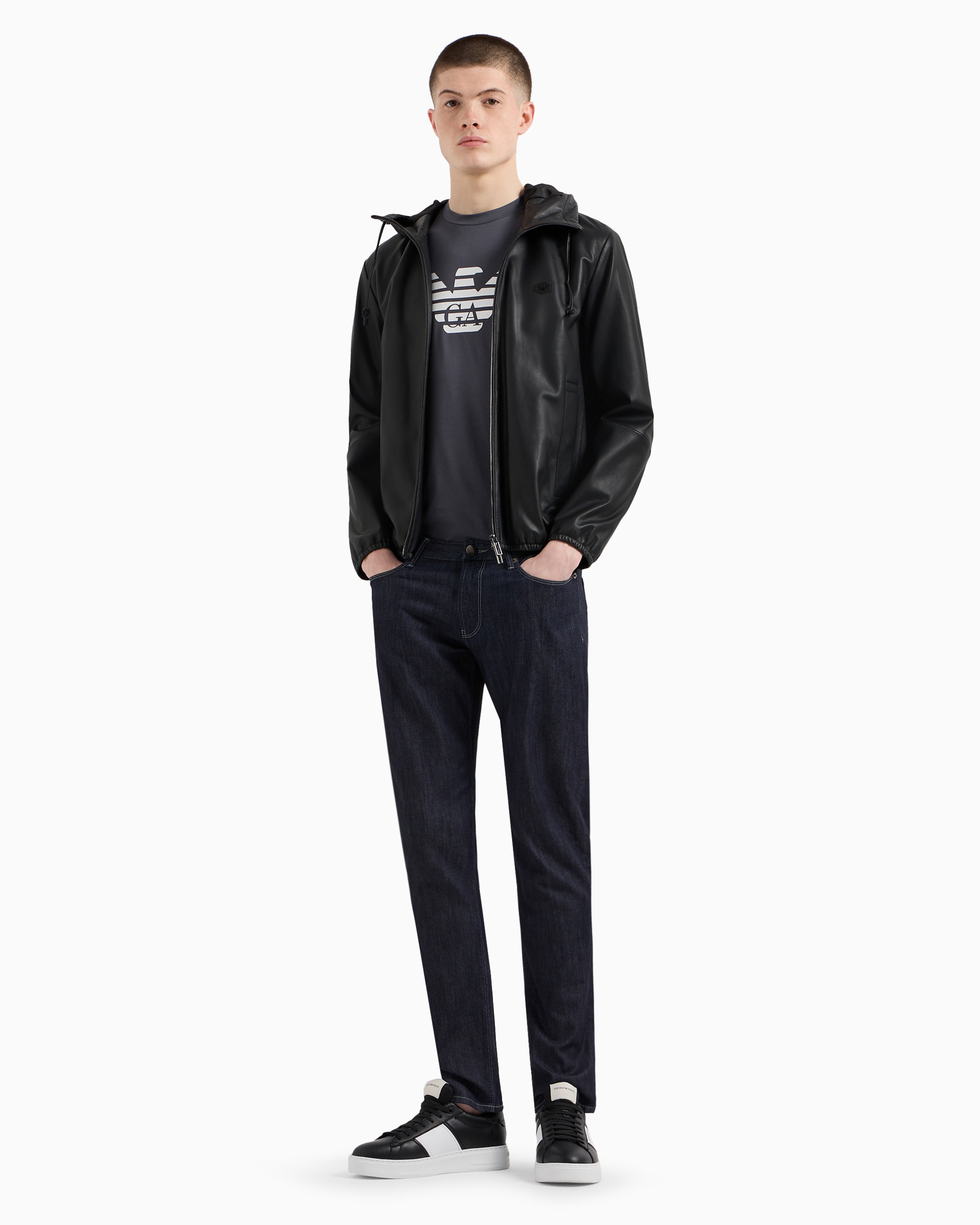 Shop Emporio Armani Hooded, Semi-aniline Nappa Lambskin Blouson With Full-length Zip In Black