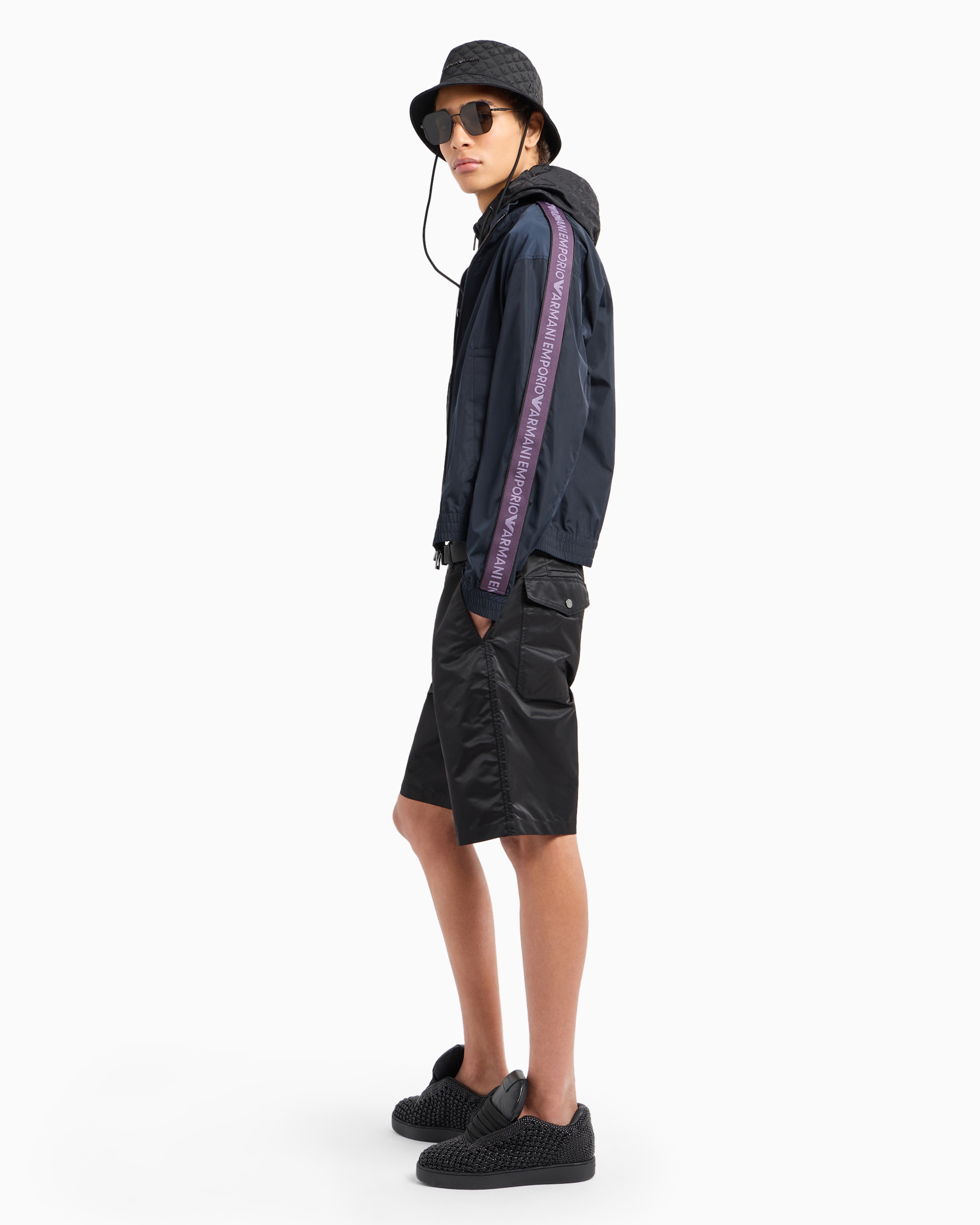Lightweight nylon, hooded zip-up blouson with all-over jacquard