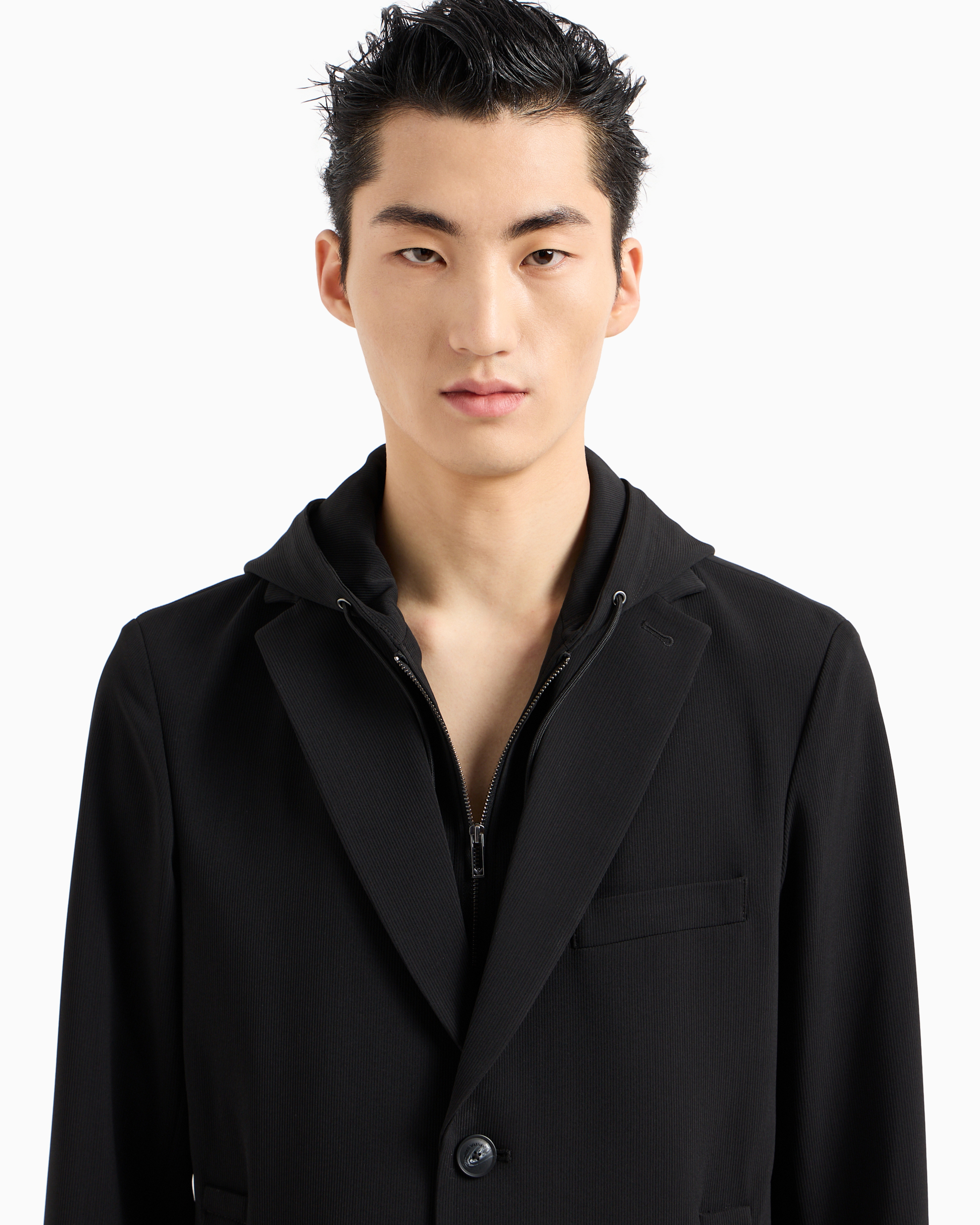 Emporio Armani Blazer With Dickey And Hood, Made Of Canneté Fabric In Black