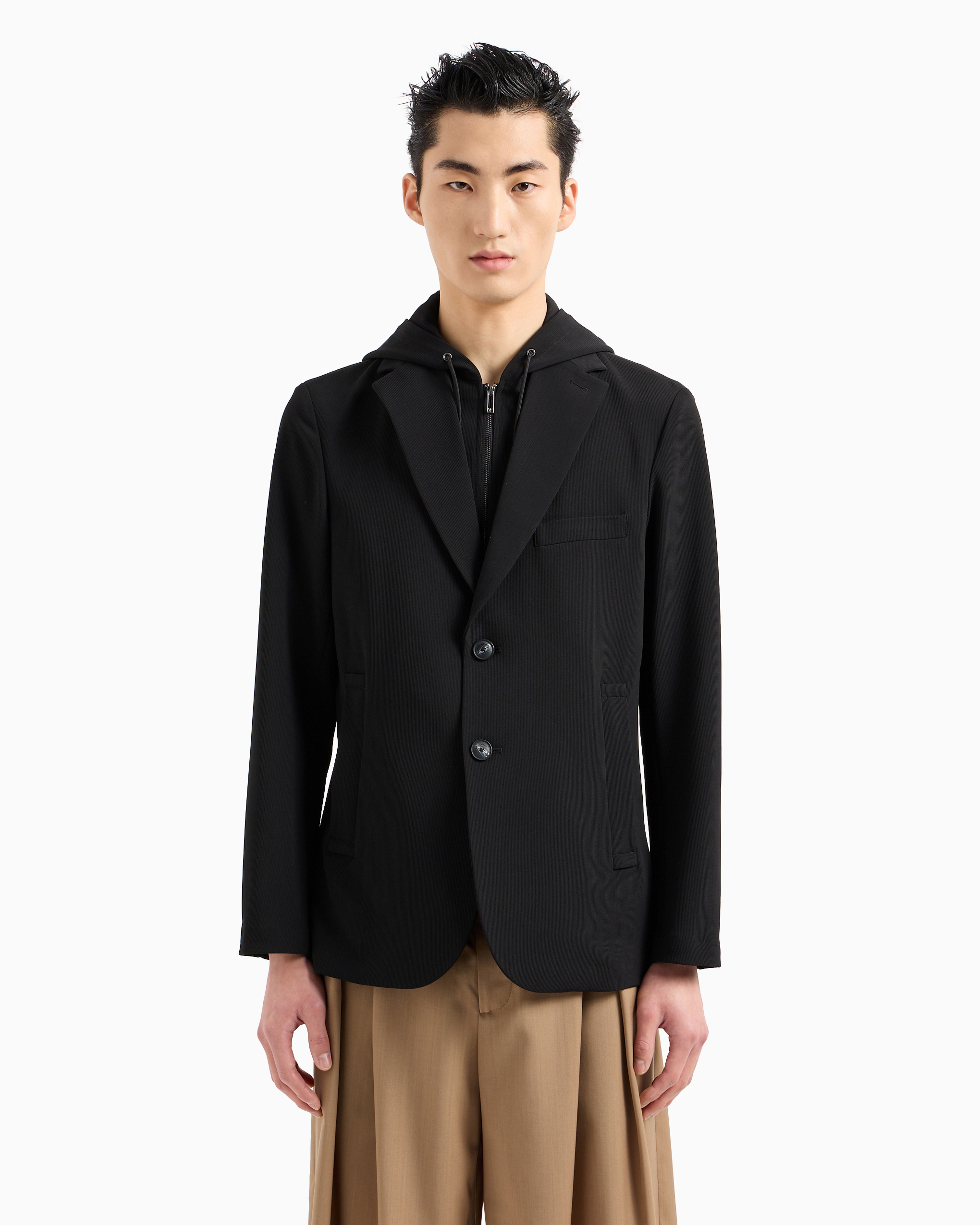 Emporio Armani Blazer With Dickey And Hood, Made Of Canneté Fabric In Black