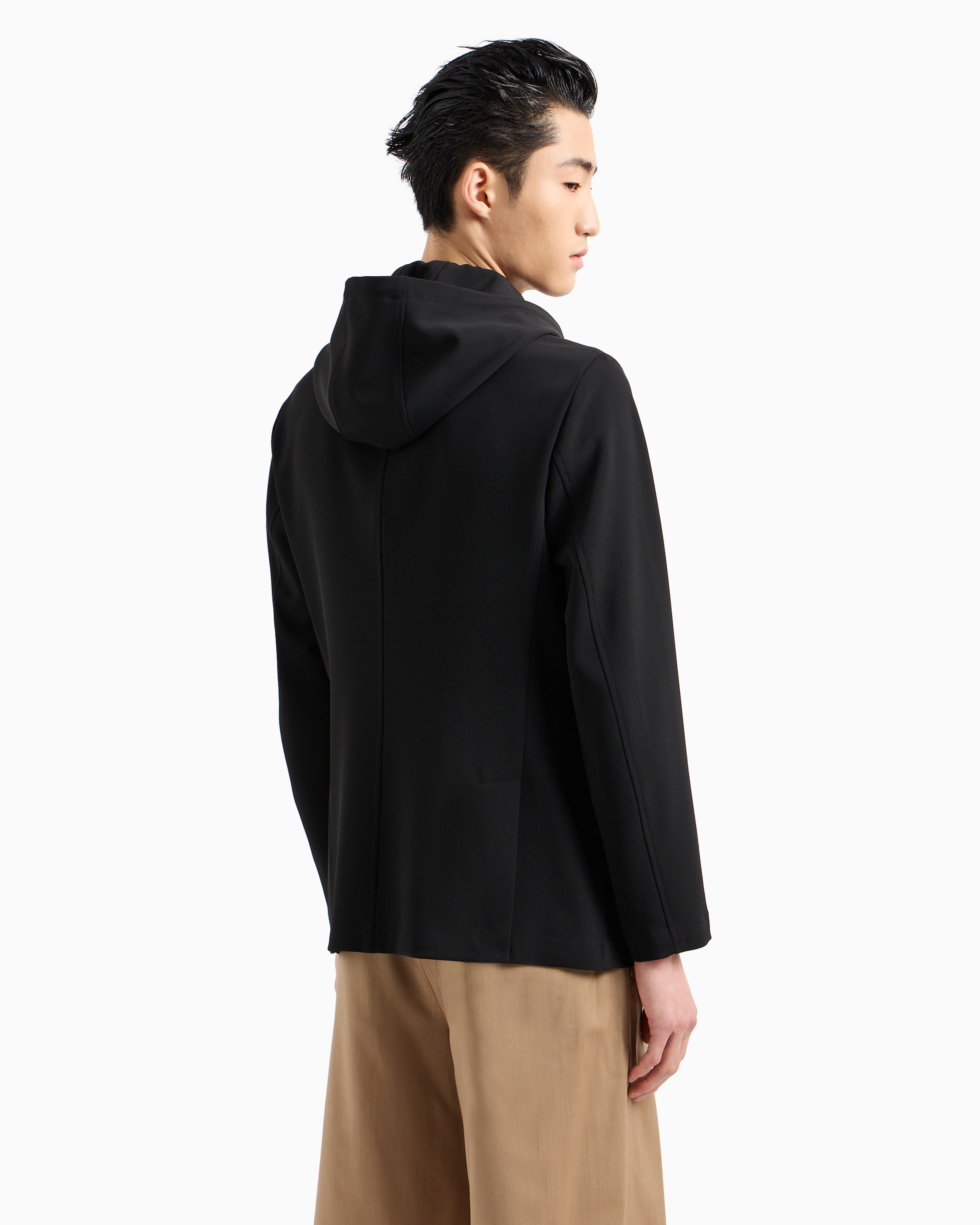 Emporio Armani Blazer With Dickey And Hood, Made Of Canneté Fabric In Black
